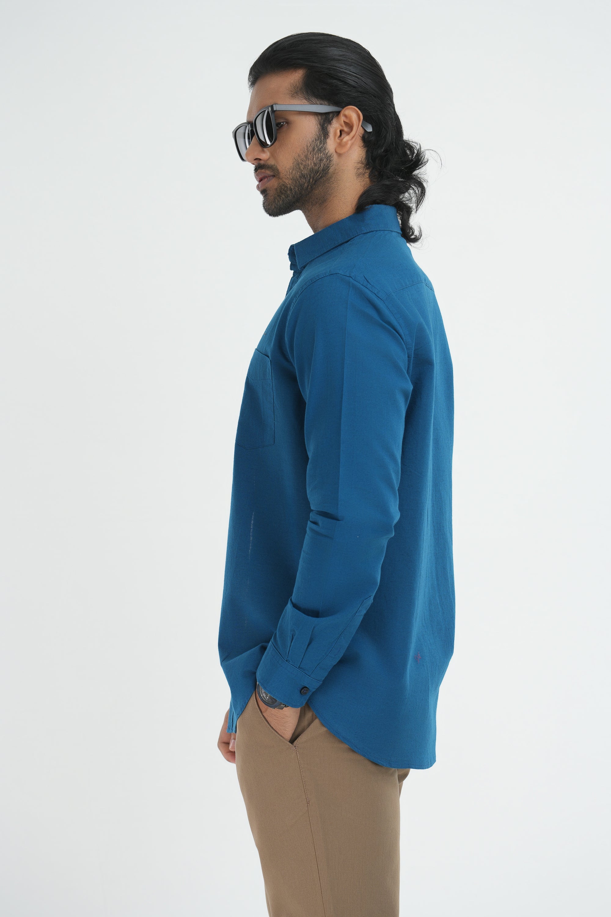 Linen Cotton Full Sleeve tailored Cut Shirt - Blue