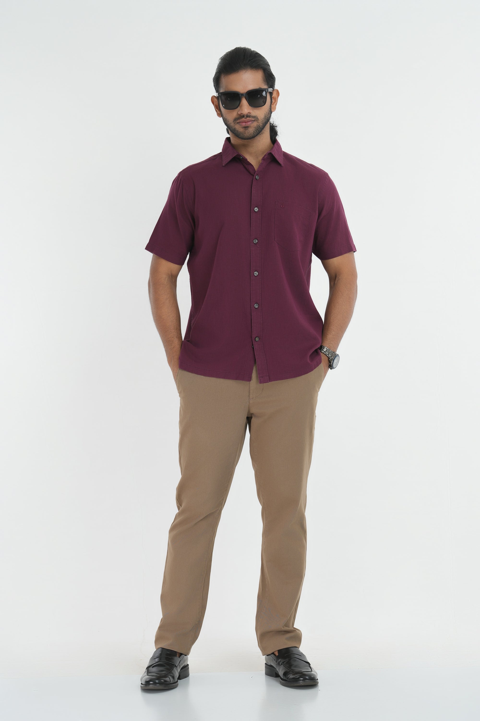 Linen Cotton Straight Cut Shirt - Maroon