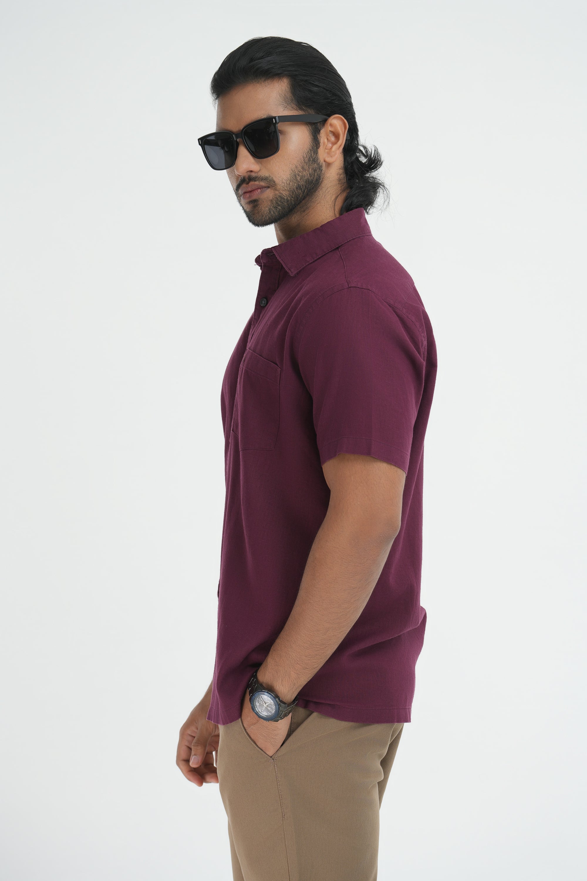 Linen Cotton Straight Cut Shirt - Maroon