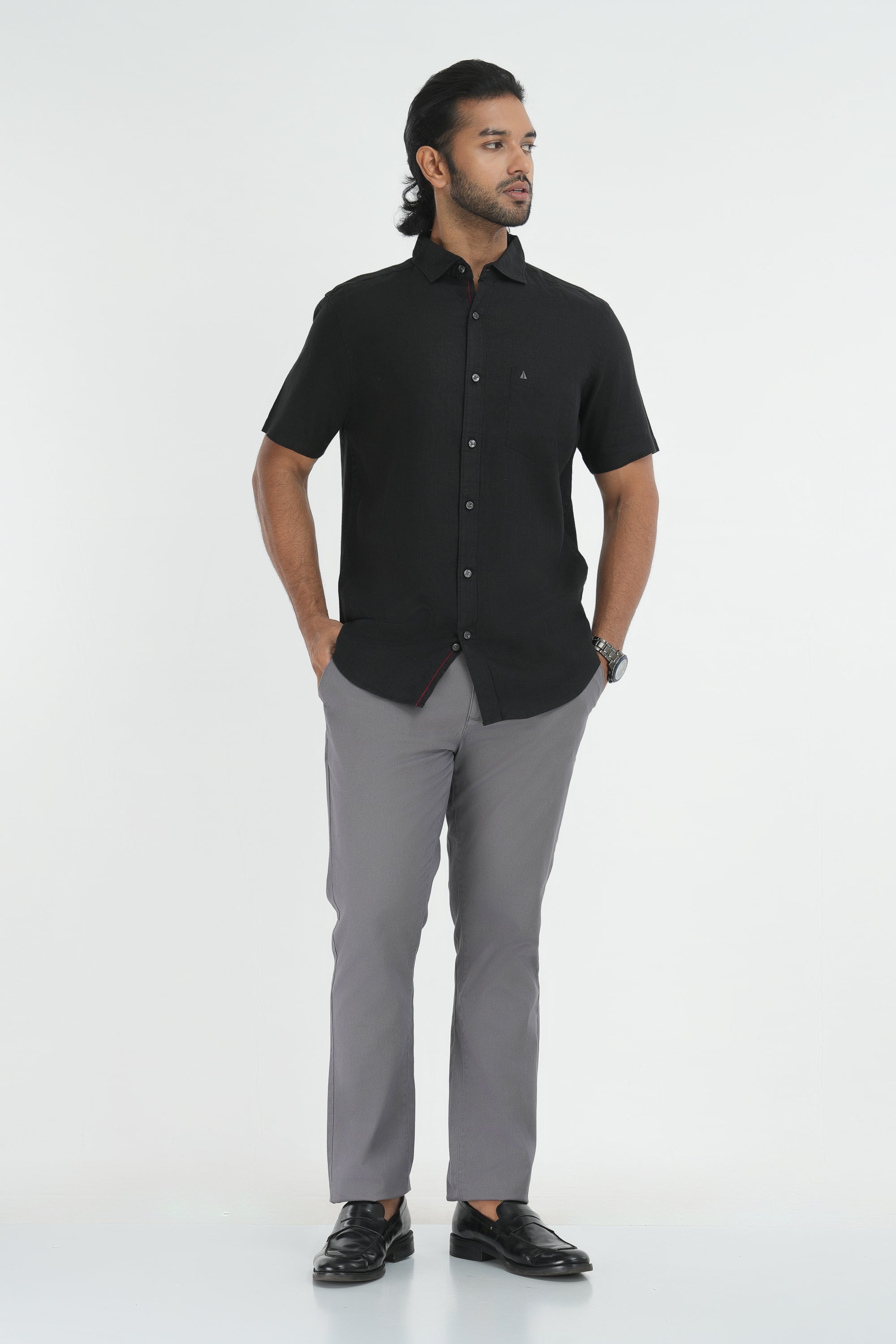 100% Linen Straight Cut Shirt - Black