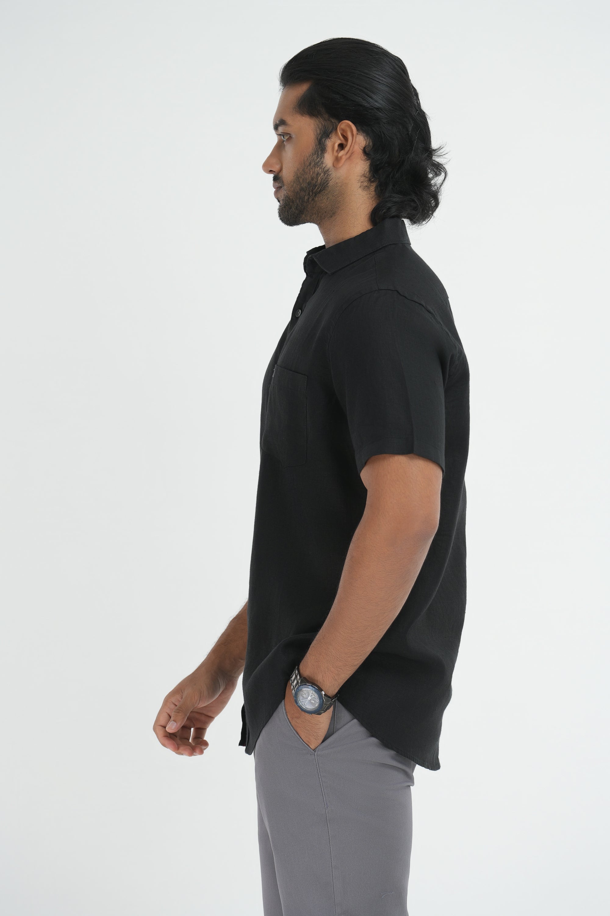 100% Linen Straight Cut Shirt - Black