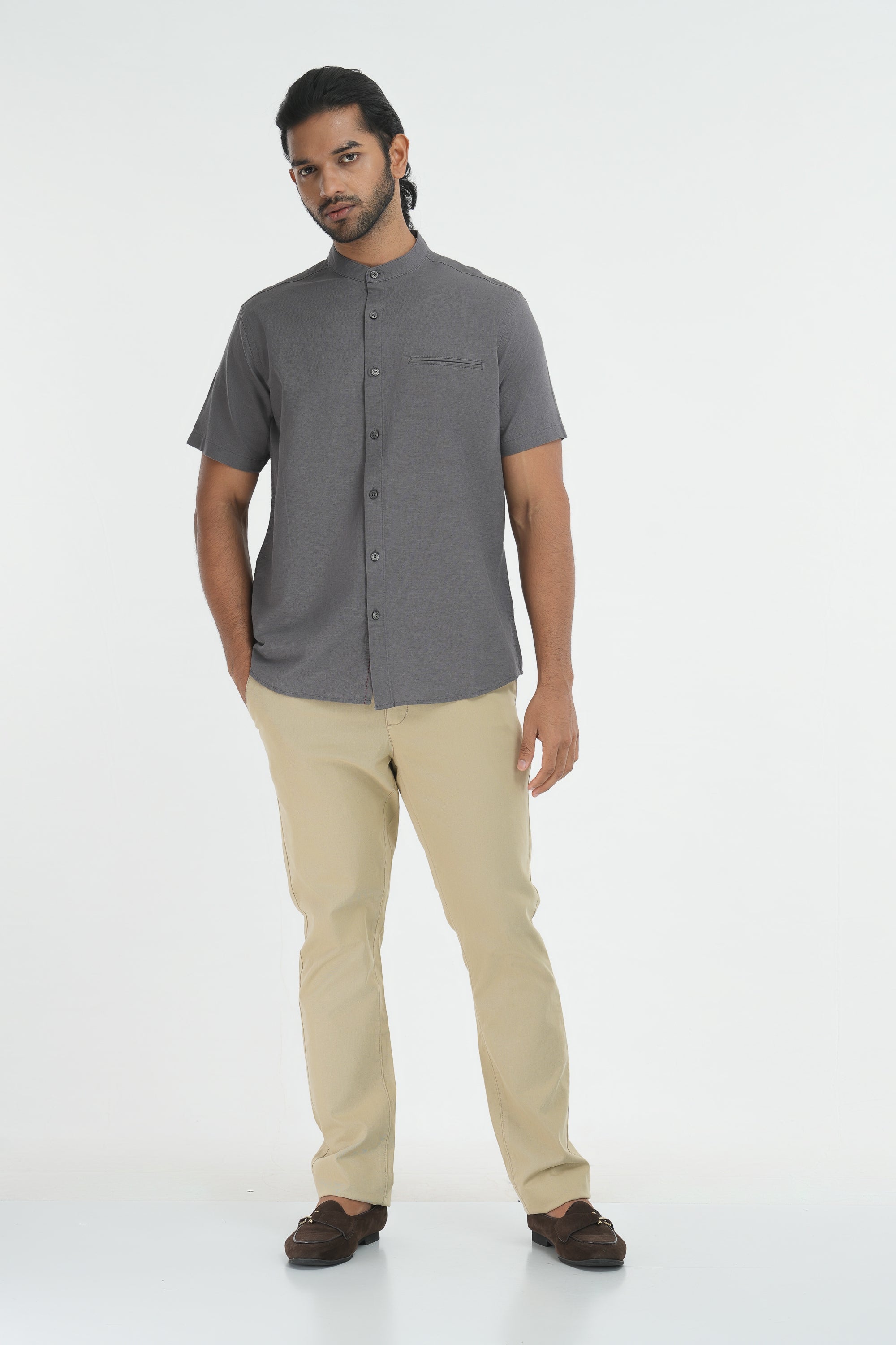 Classic Linen Cotton Mandarin Collar Shirt - Grey