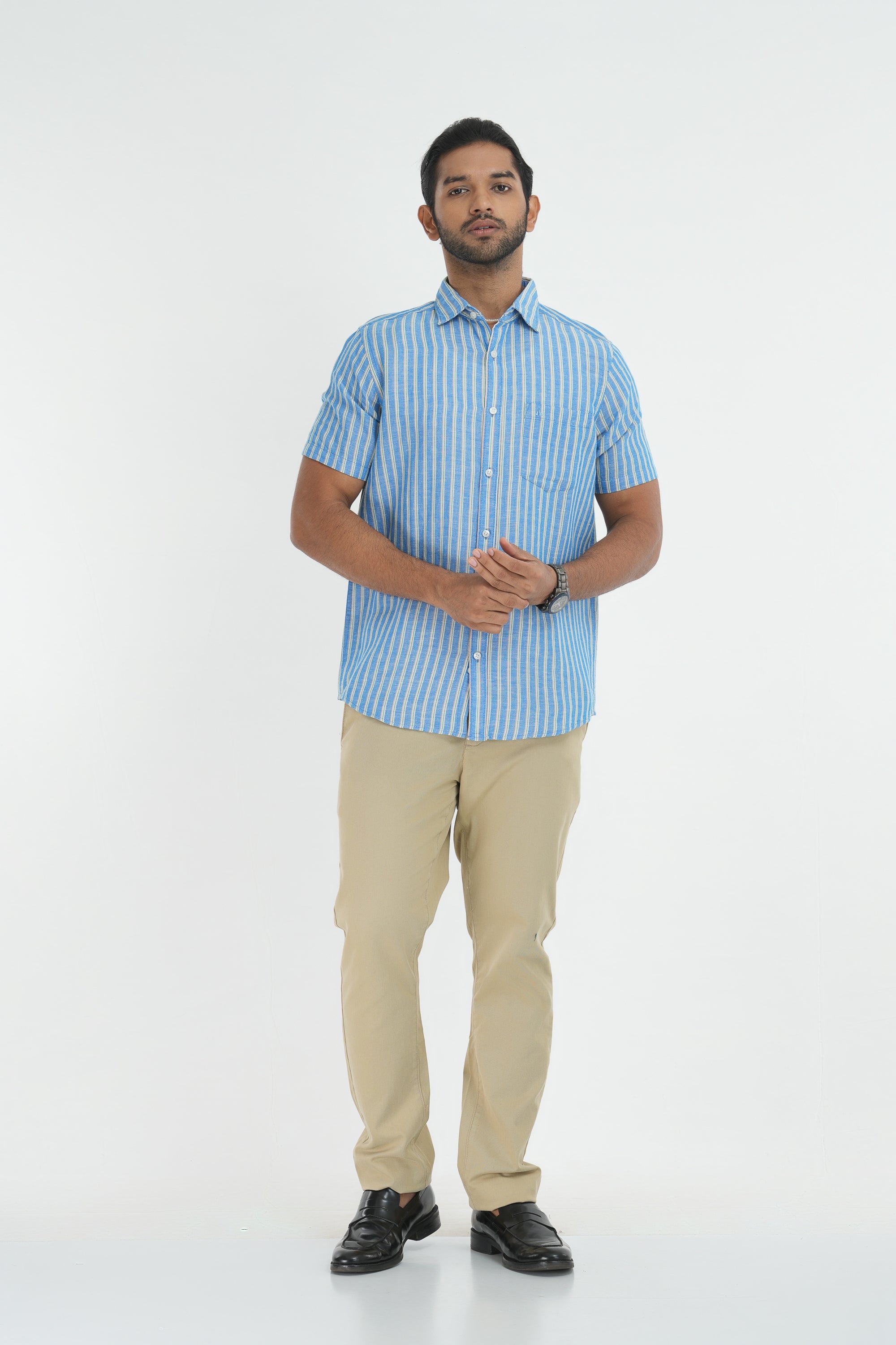 Linen Cotton Stripes Shirt - Sky Blue