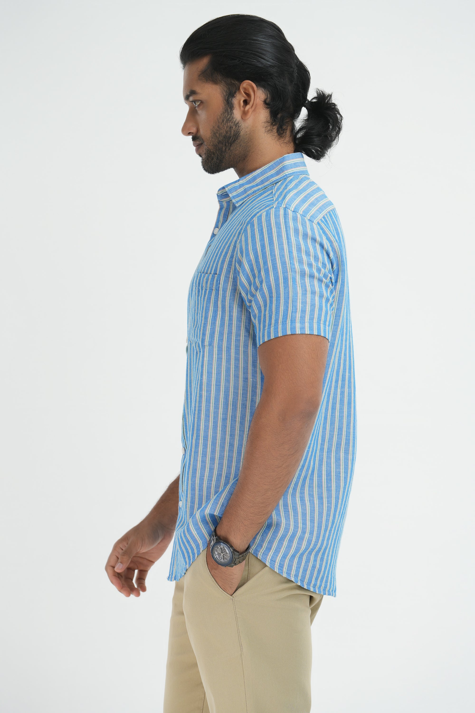 Linen Cotton Stripes Shirt - Sky Blue