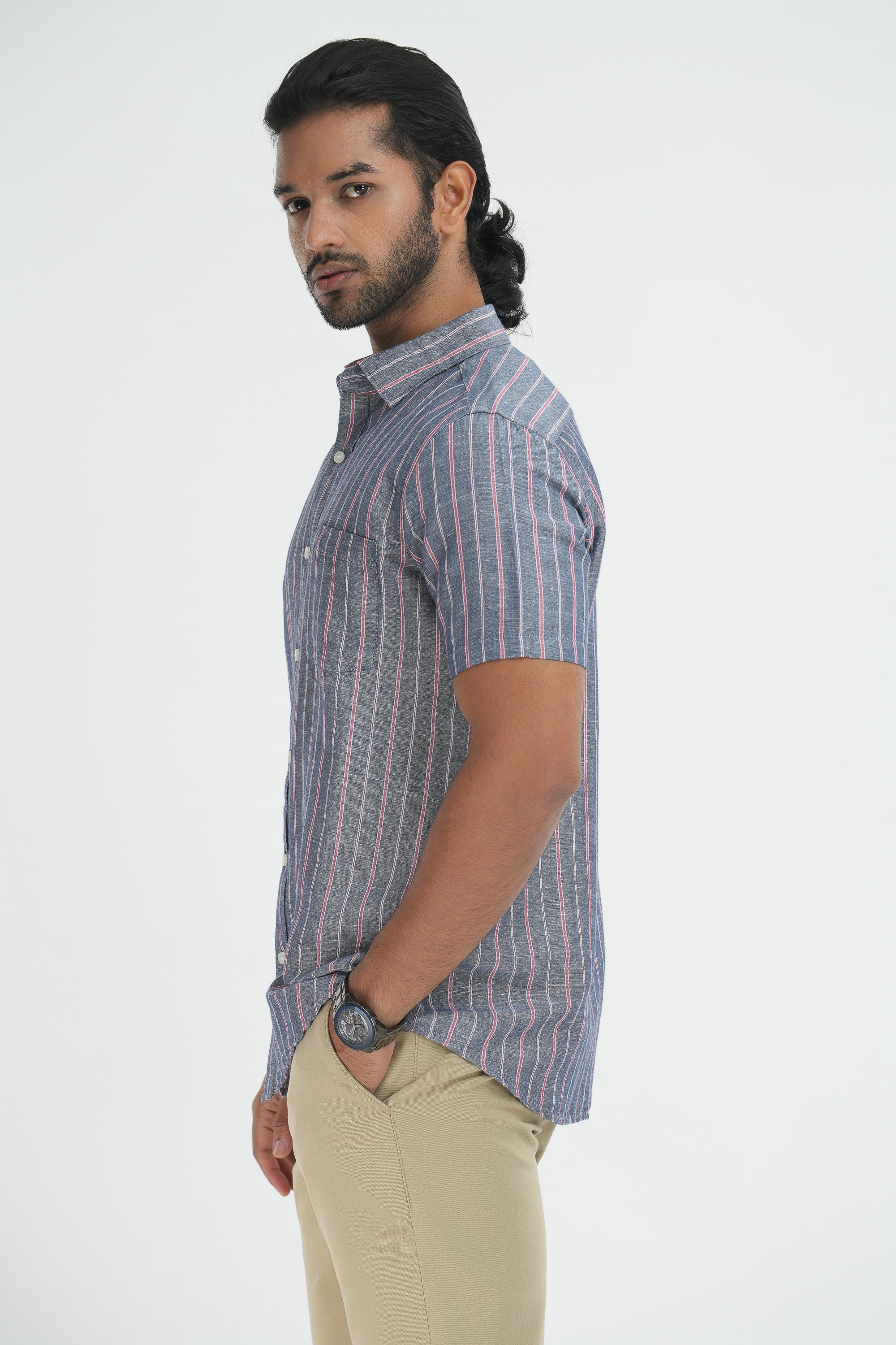 Linen Cotton Stripes Shirt - Grey