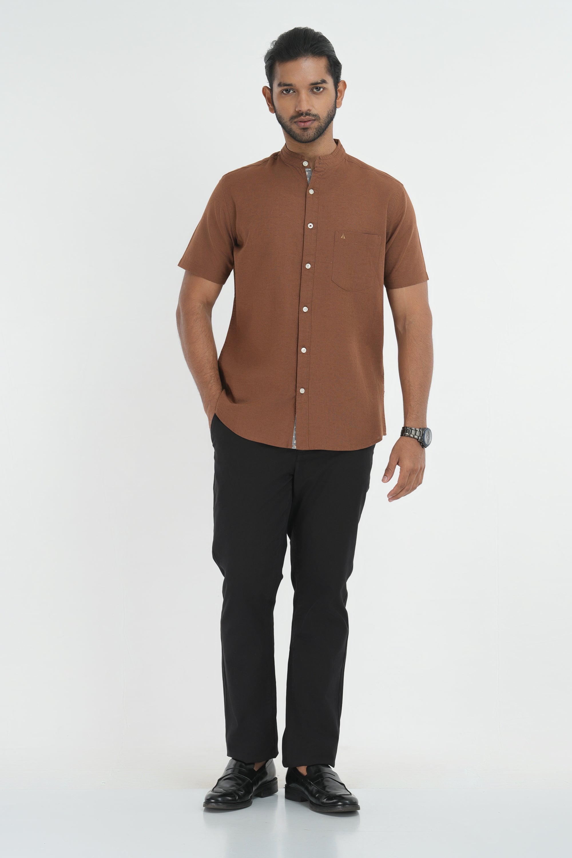 Linen Cotton Chinese Collar Shirt - Brown