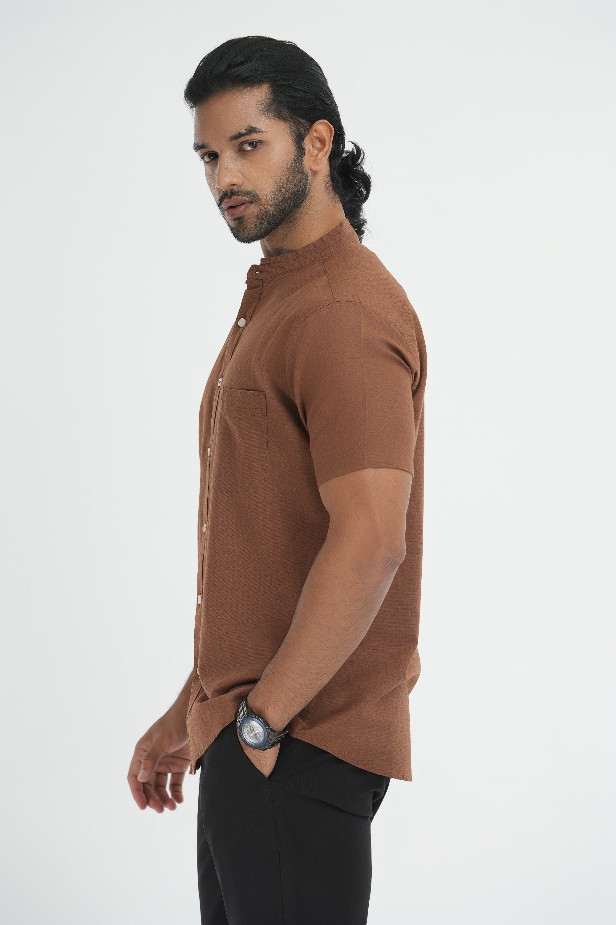 Linen Cotton Chinese Collar Shirt - Brown