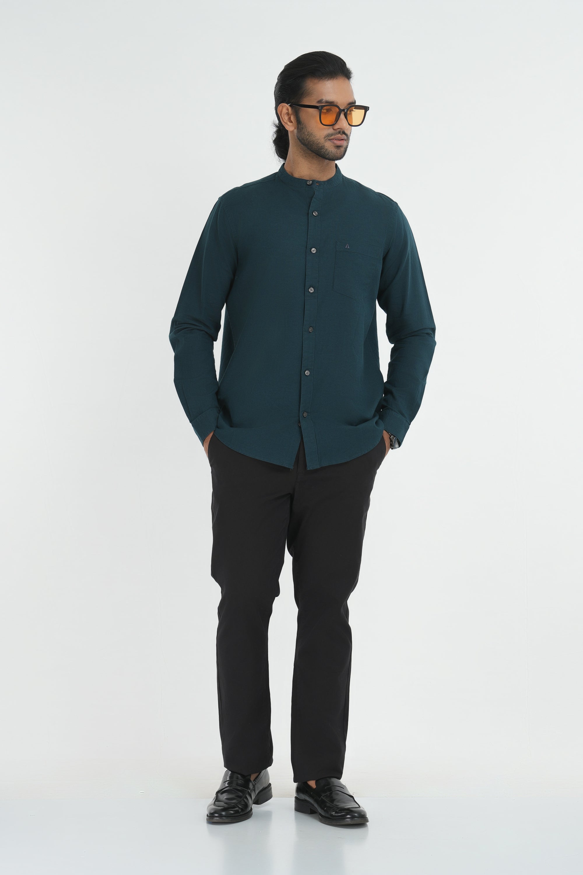 Linen Cotton Full Sleeve tailored Cut Shirt - Dark Green