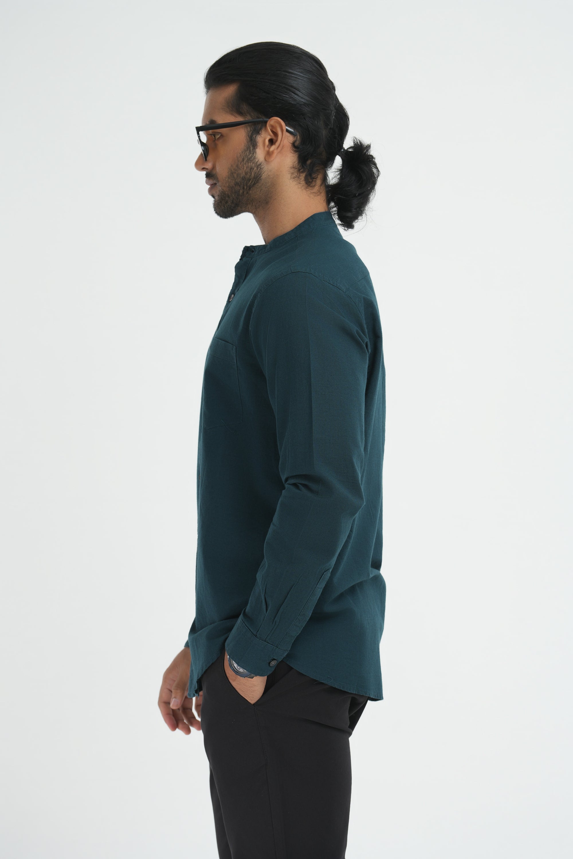 Linen Cotton Full Sleeve tailored Cut Shirt - Dark Green