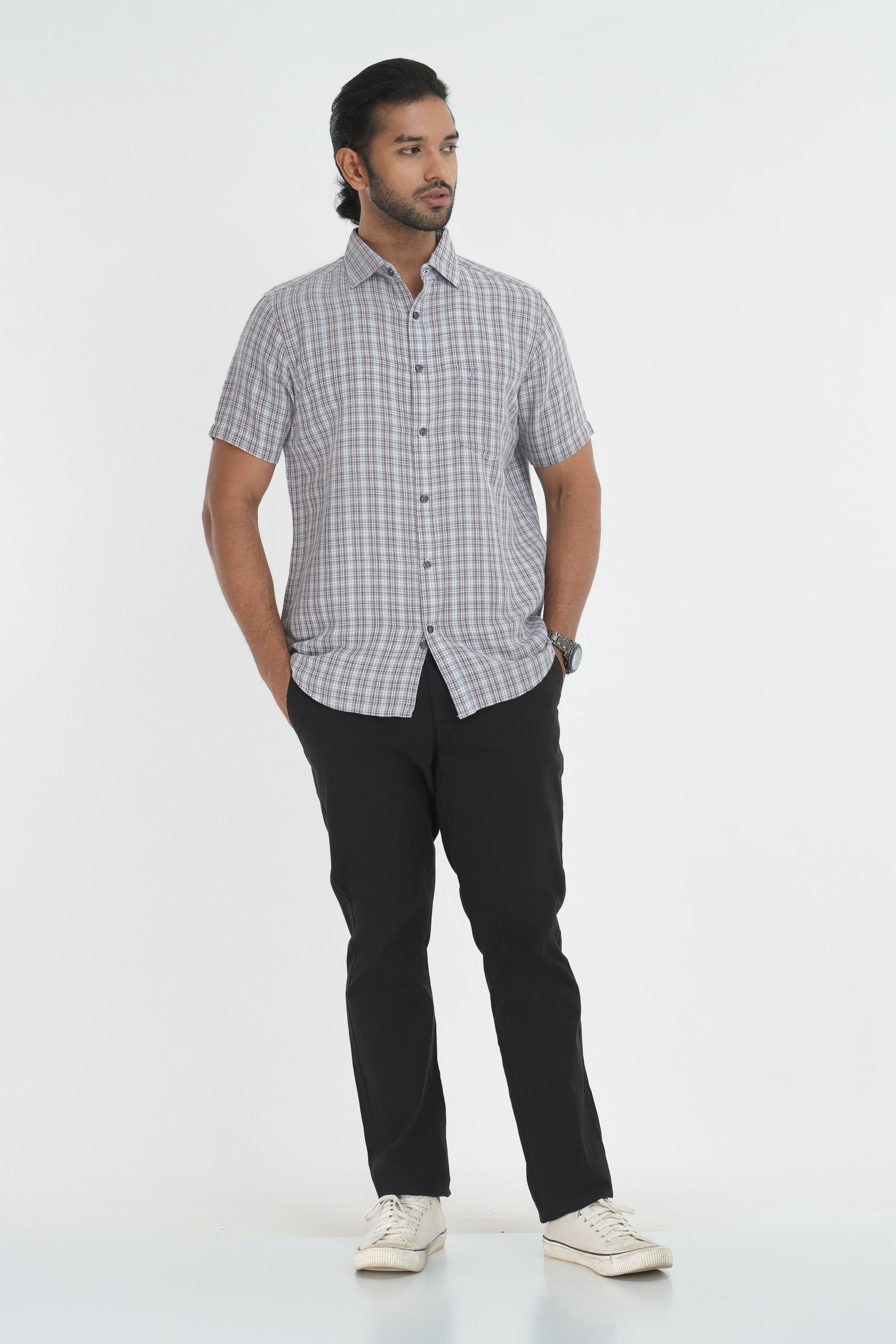 Linen Cotton Checks Shirt - Brown