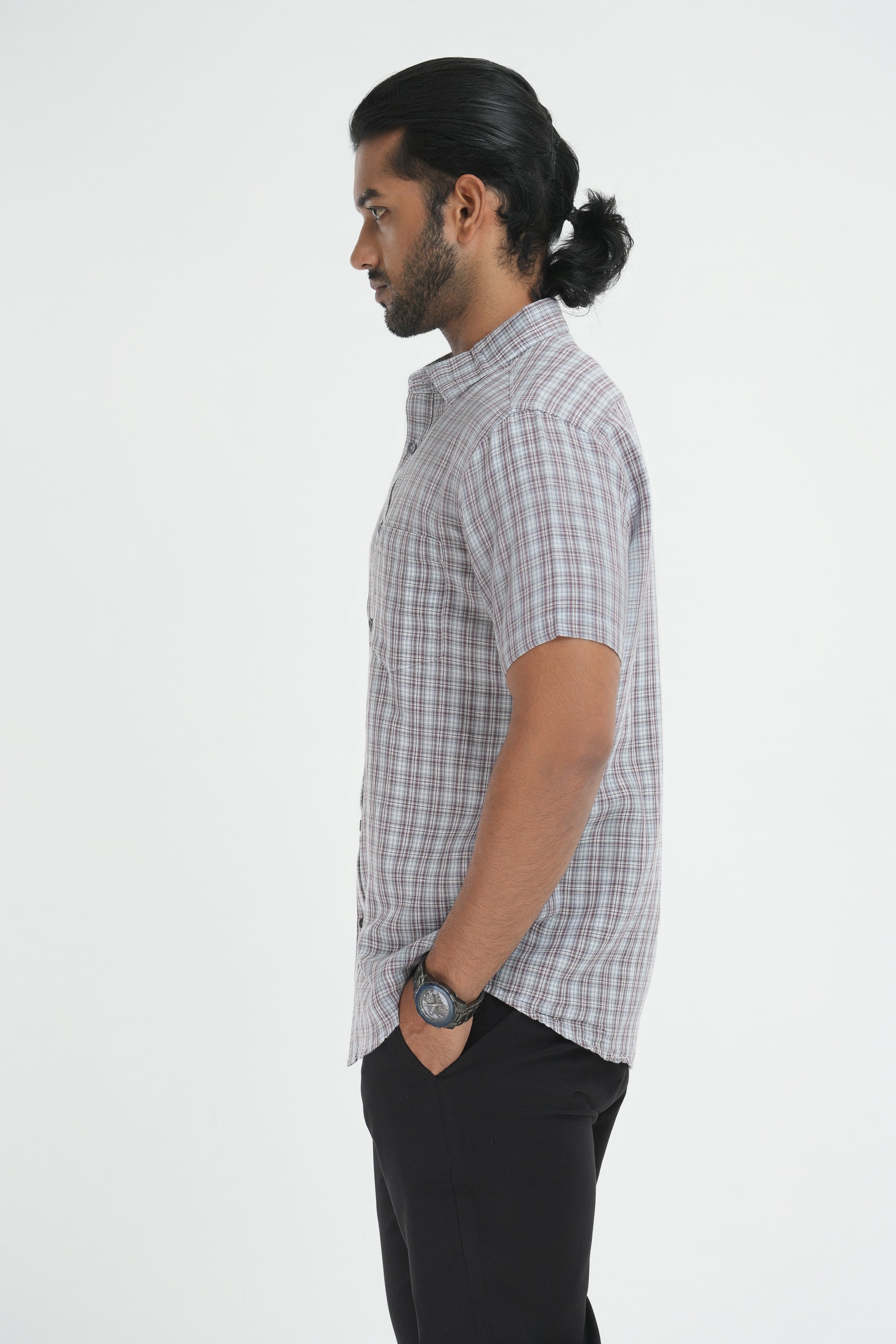 Linen Cotton Checks Shirt - Brown