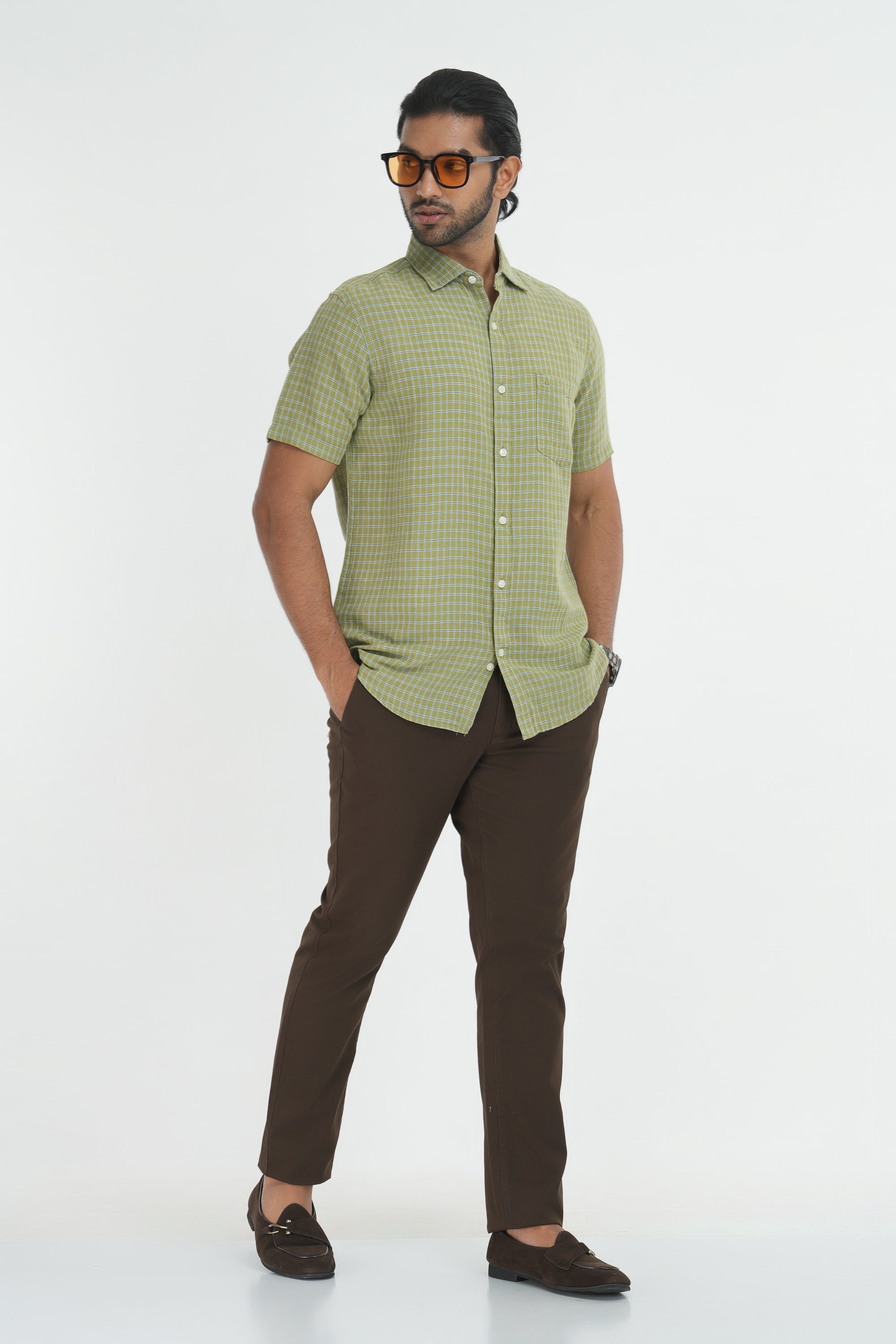 Linen Cotton Checks Shirt - Light Green