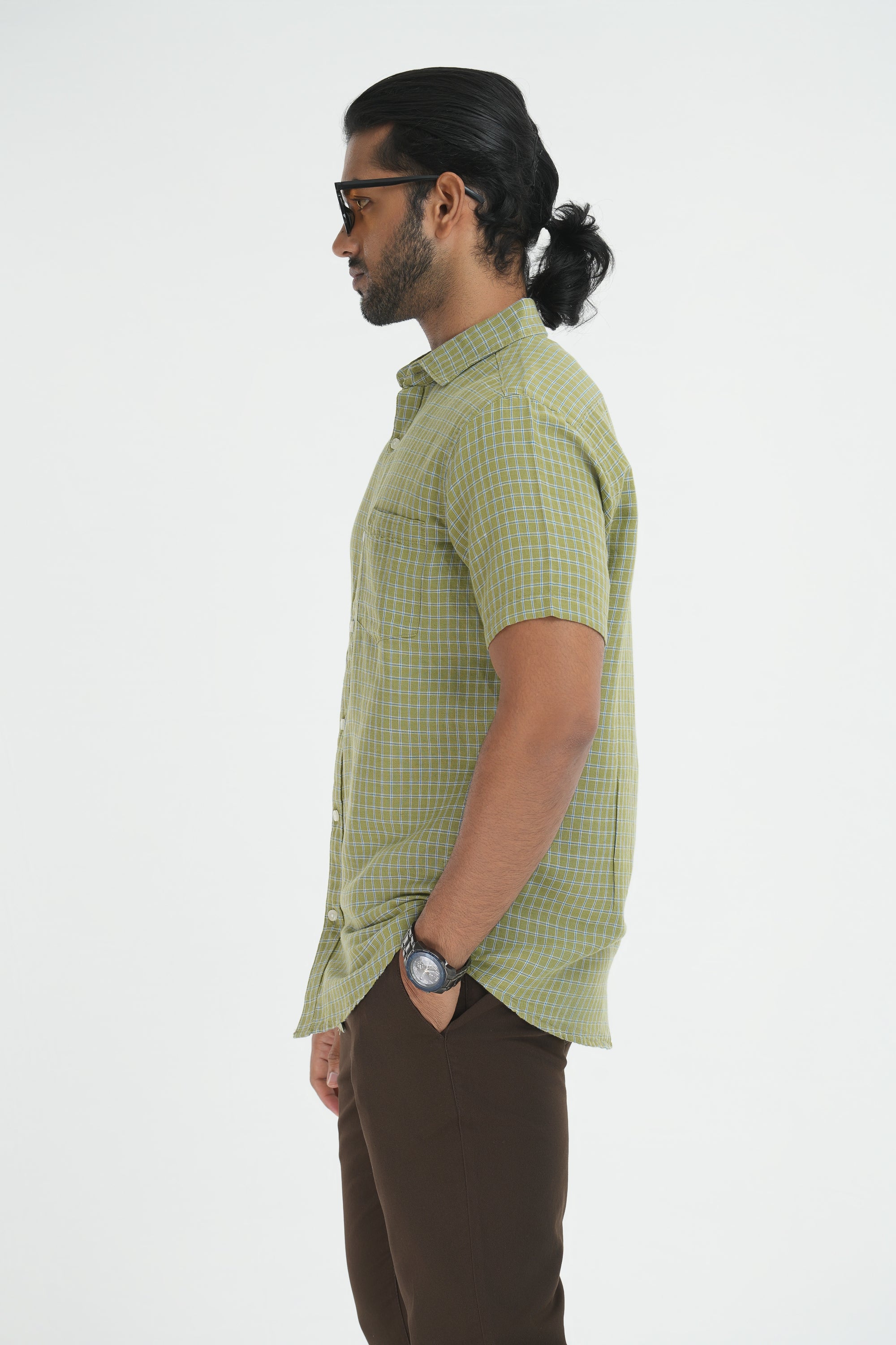 Linen Cotton Checks Shirt - Light Green