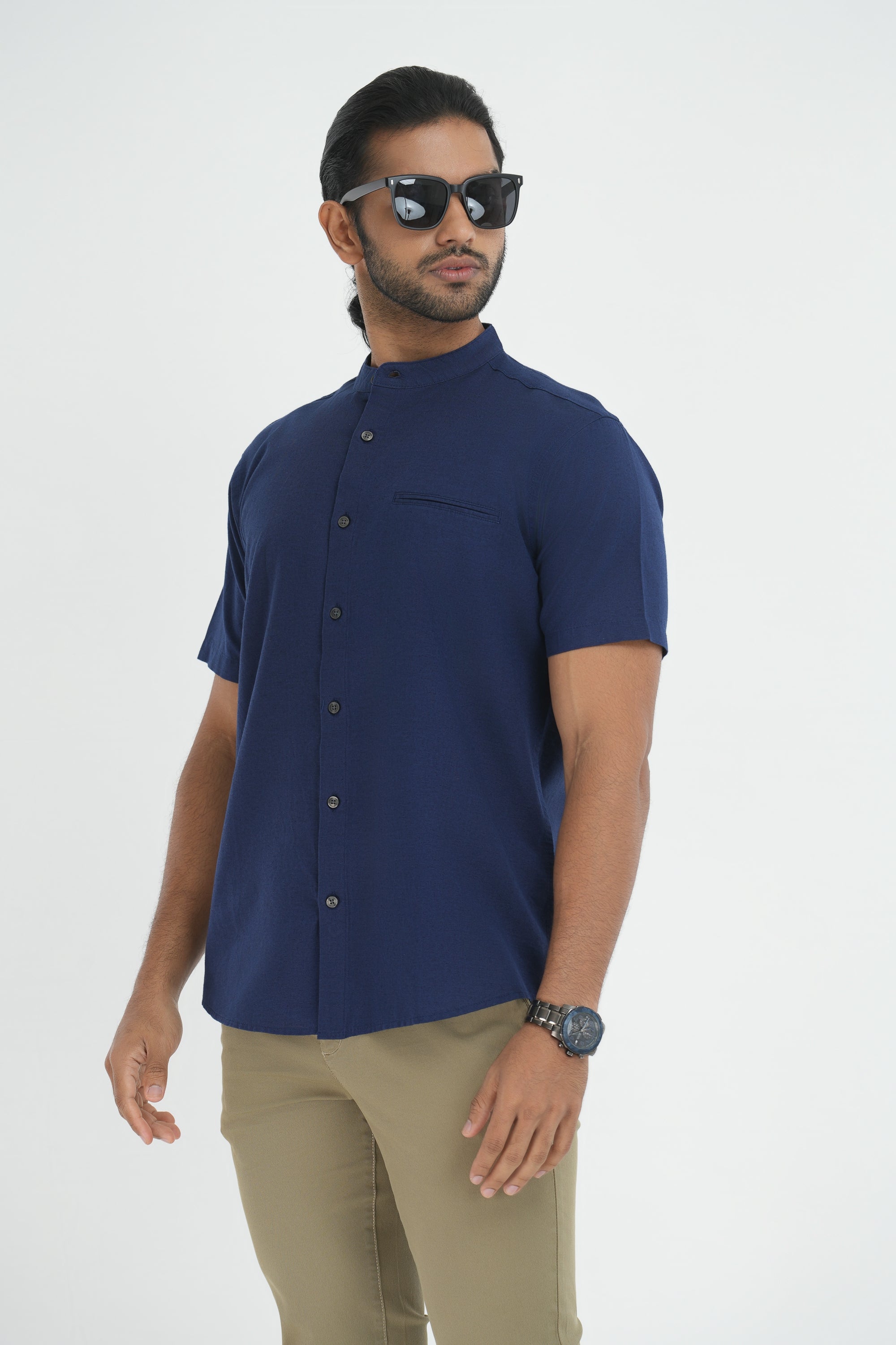 Classic Linen Cotton Mandarin Collar Shirt - Navy