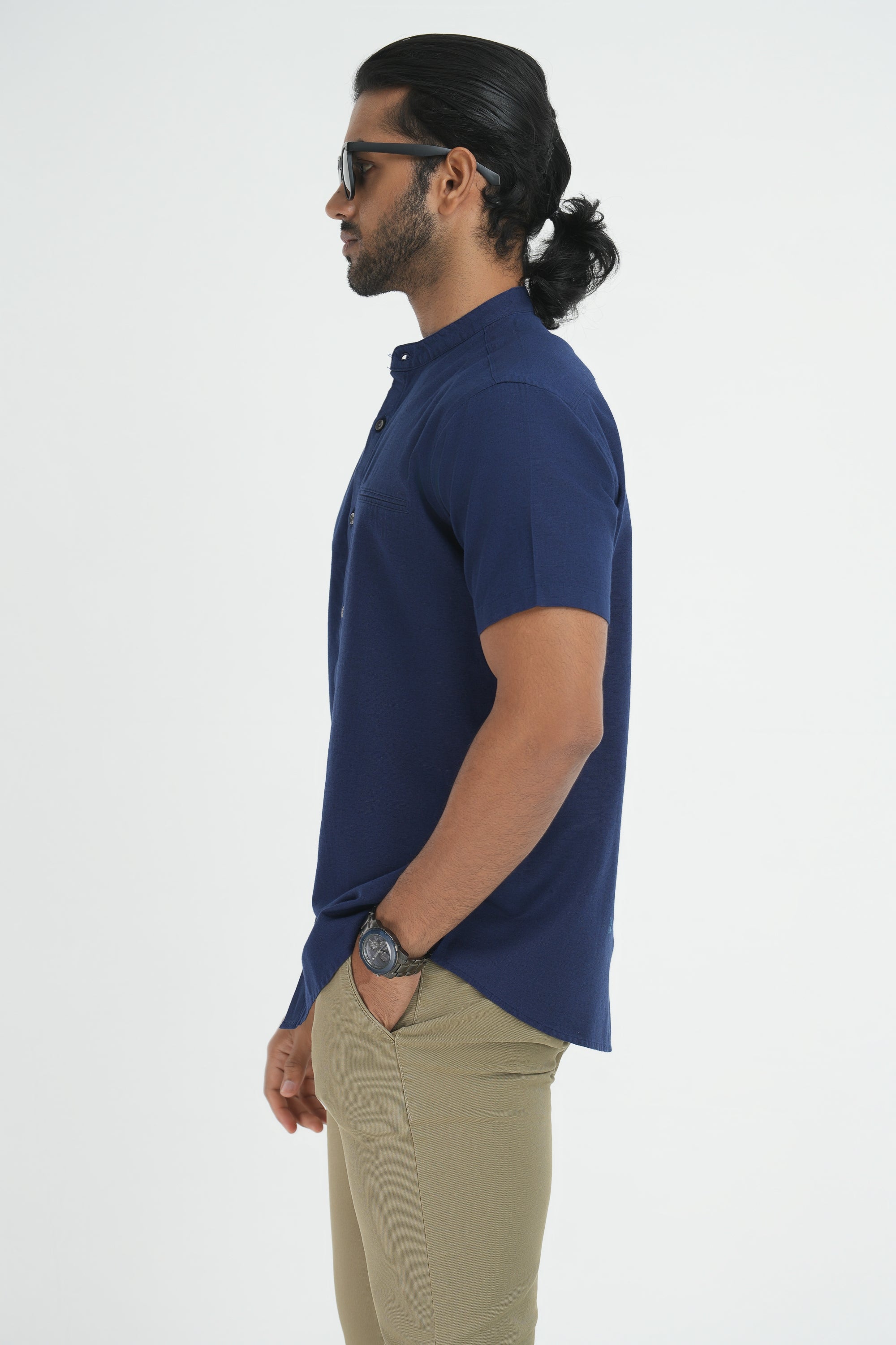 Classic Linen Cotton Mandarin Collar Shirt - Navy