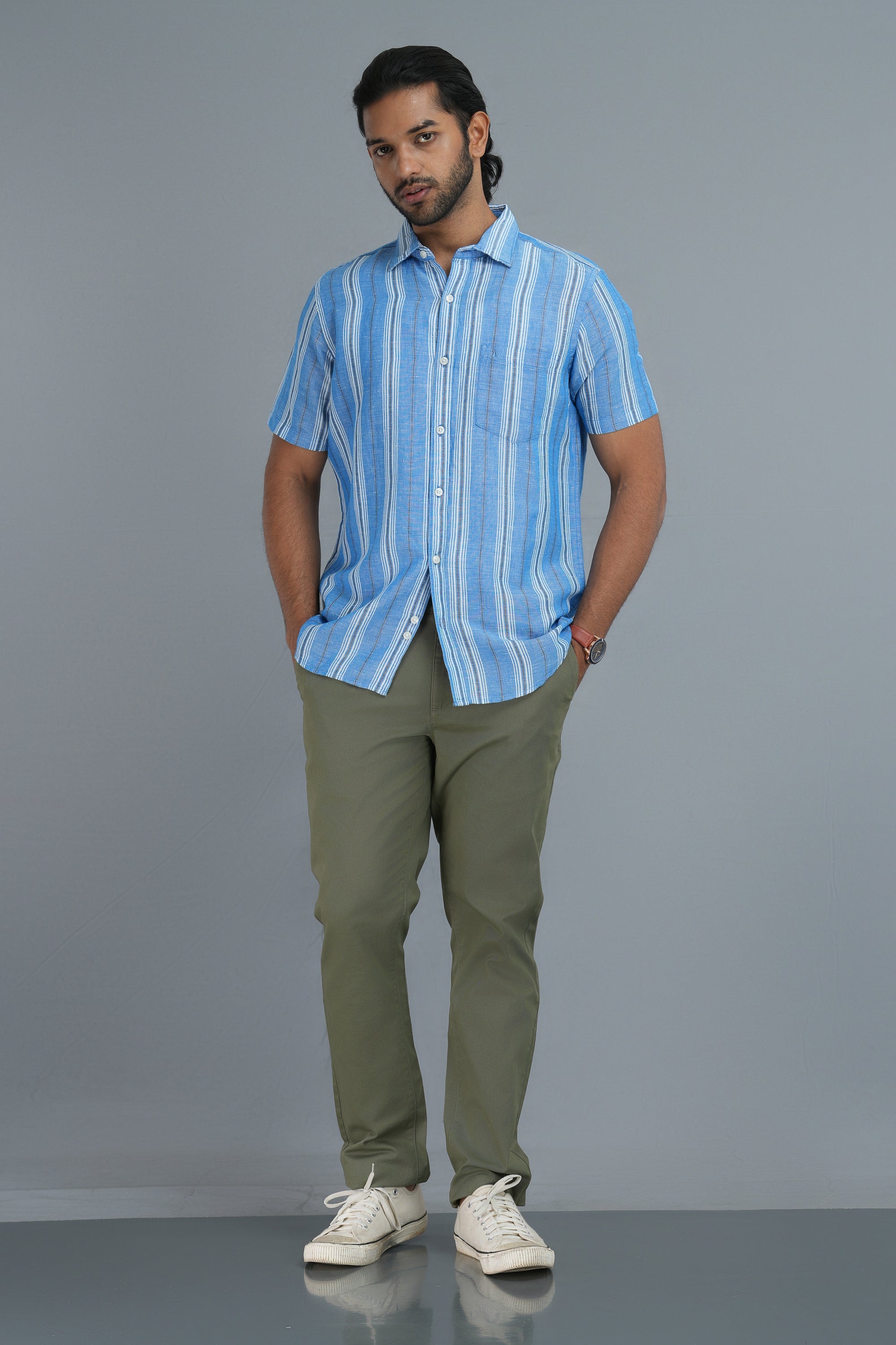 Linen Cotton Stripes Shirt - Blue