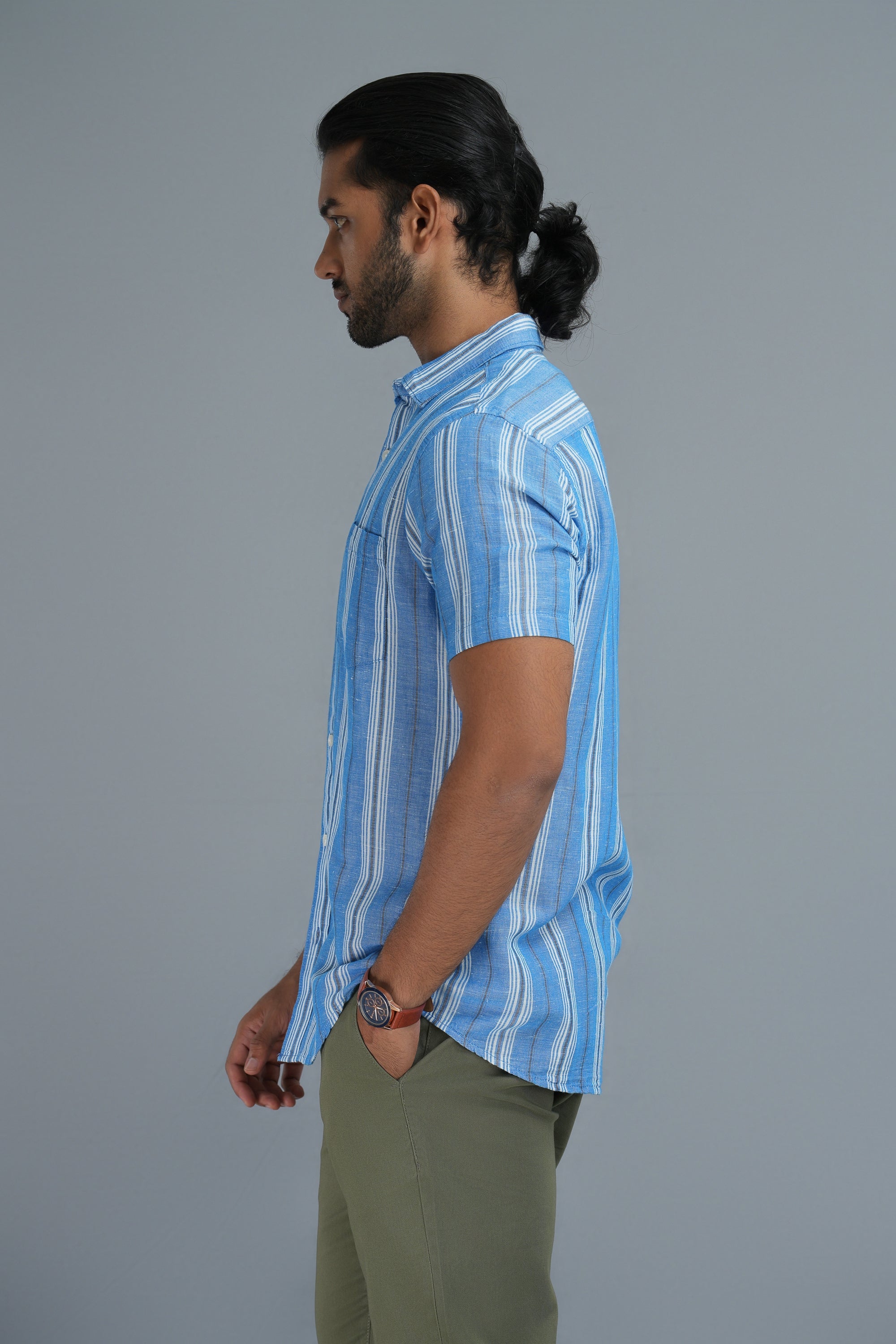 Linen Cotton Stripes Shirt - Blue