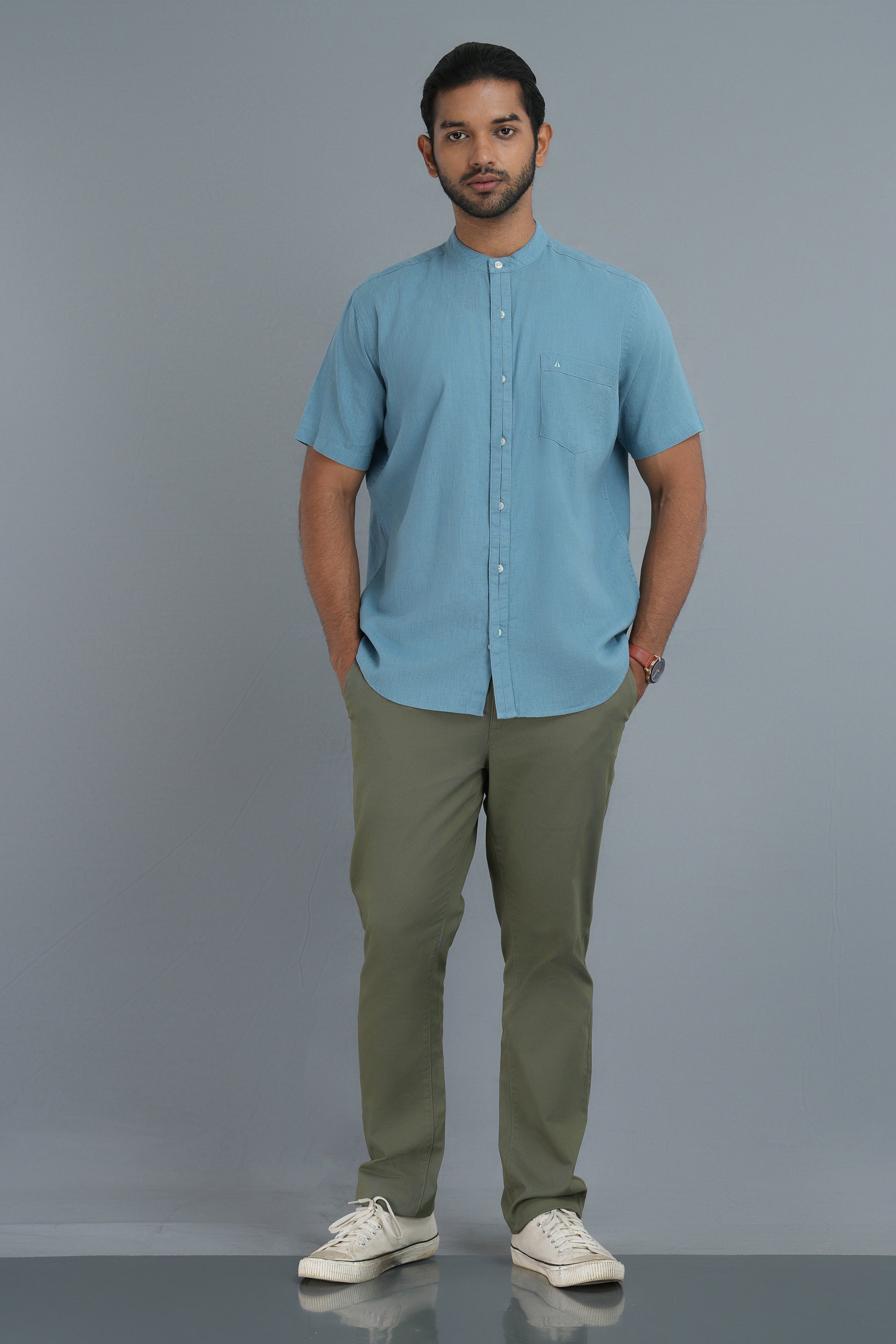 Classic Linen Cotton Mandarin Collar Shirt  - Pale Blue