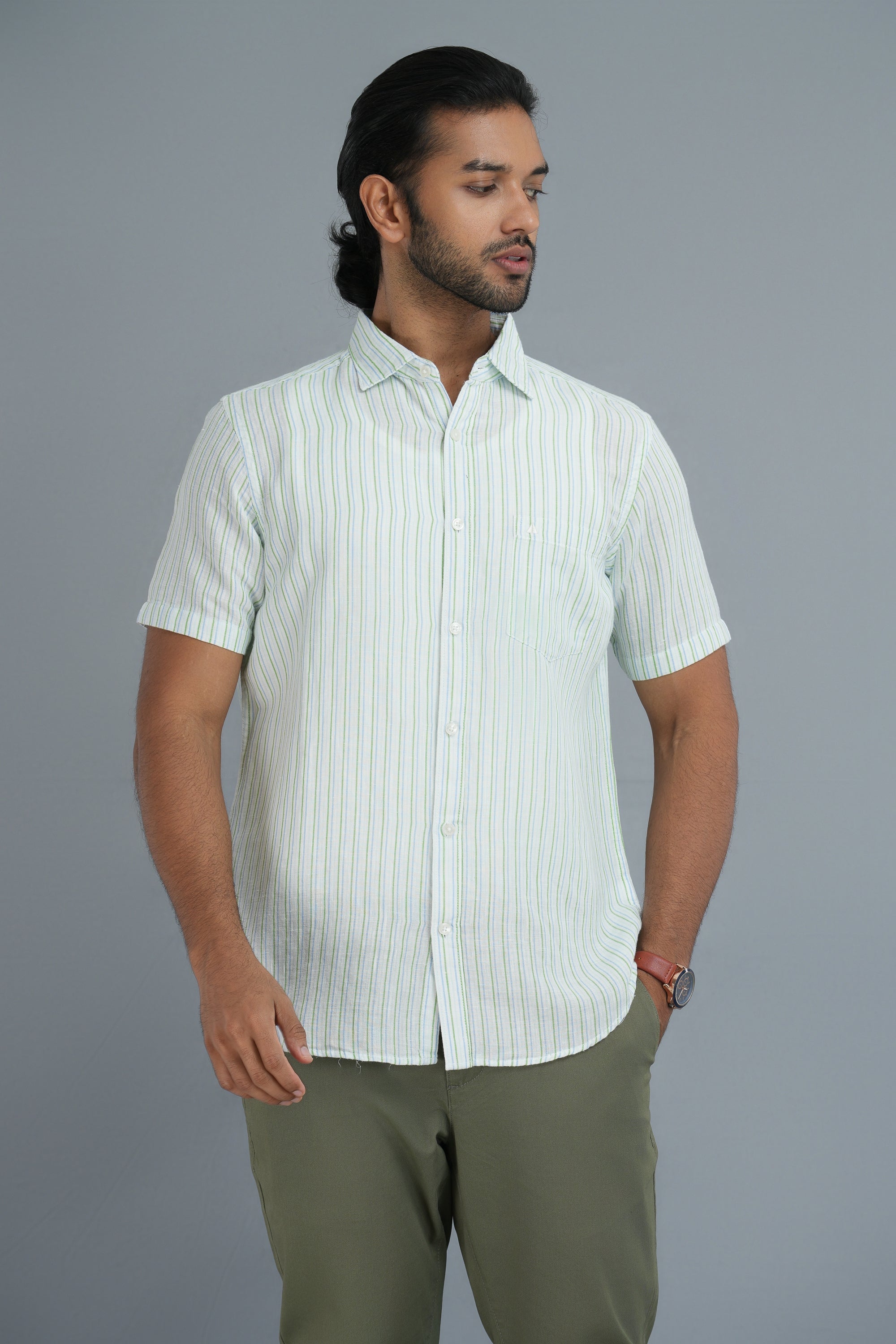 Linen Cotton Stripes Shirt - Green