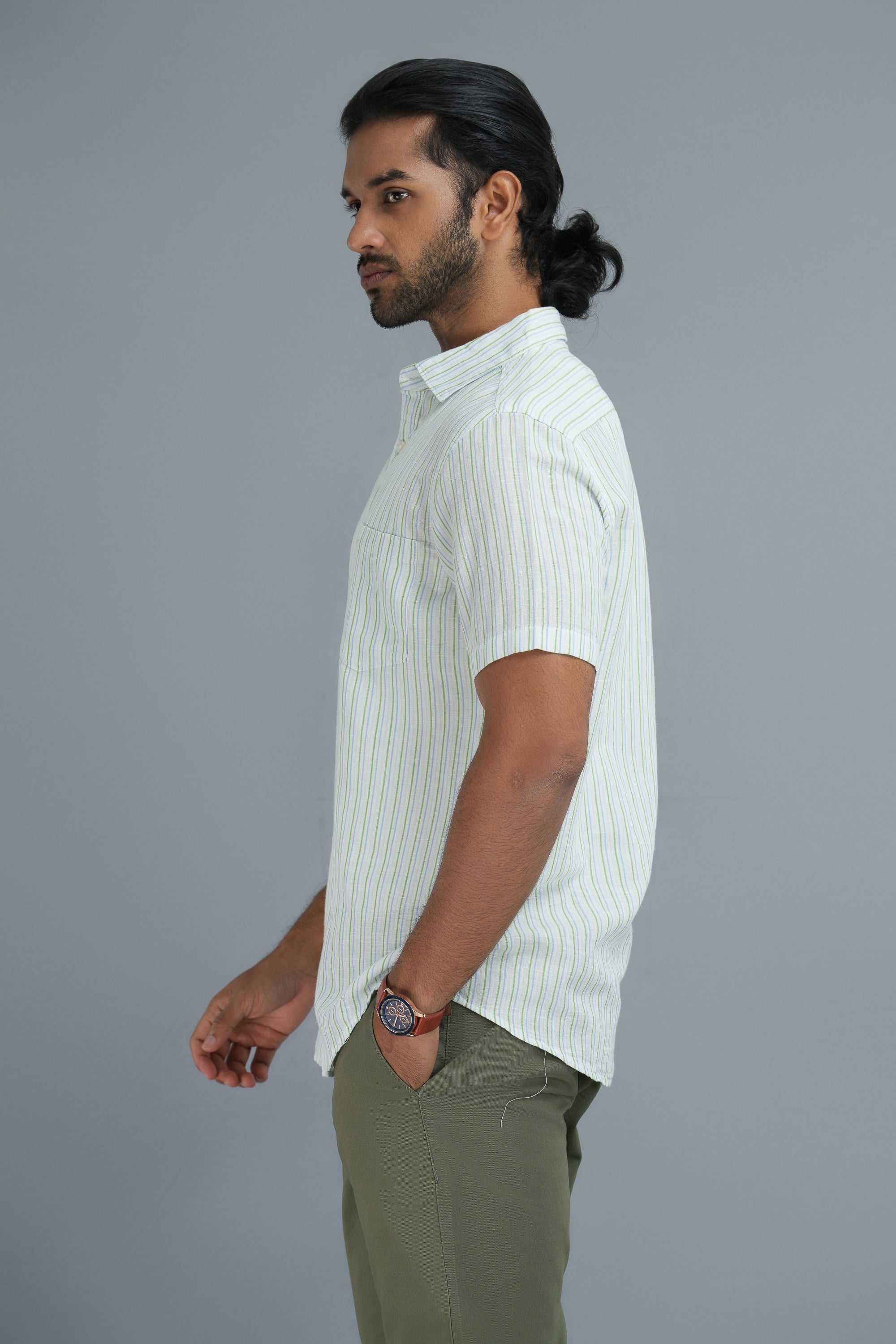 Linen Cotton Stripes Shirt - Green