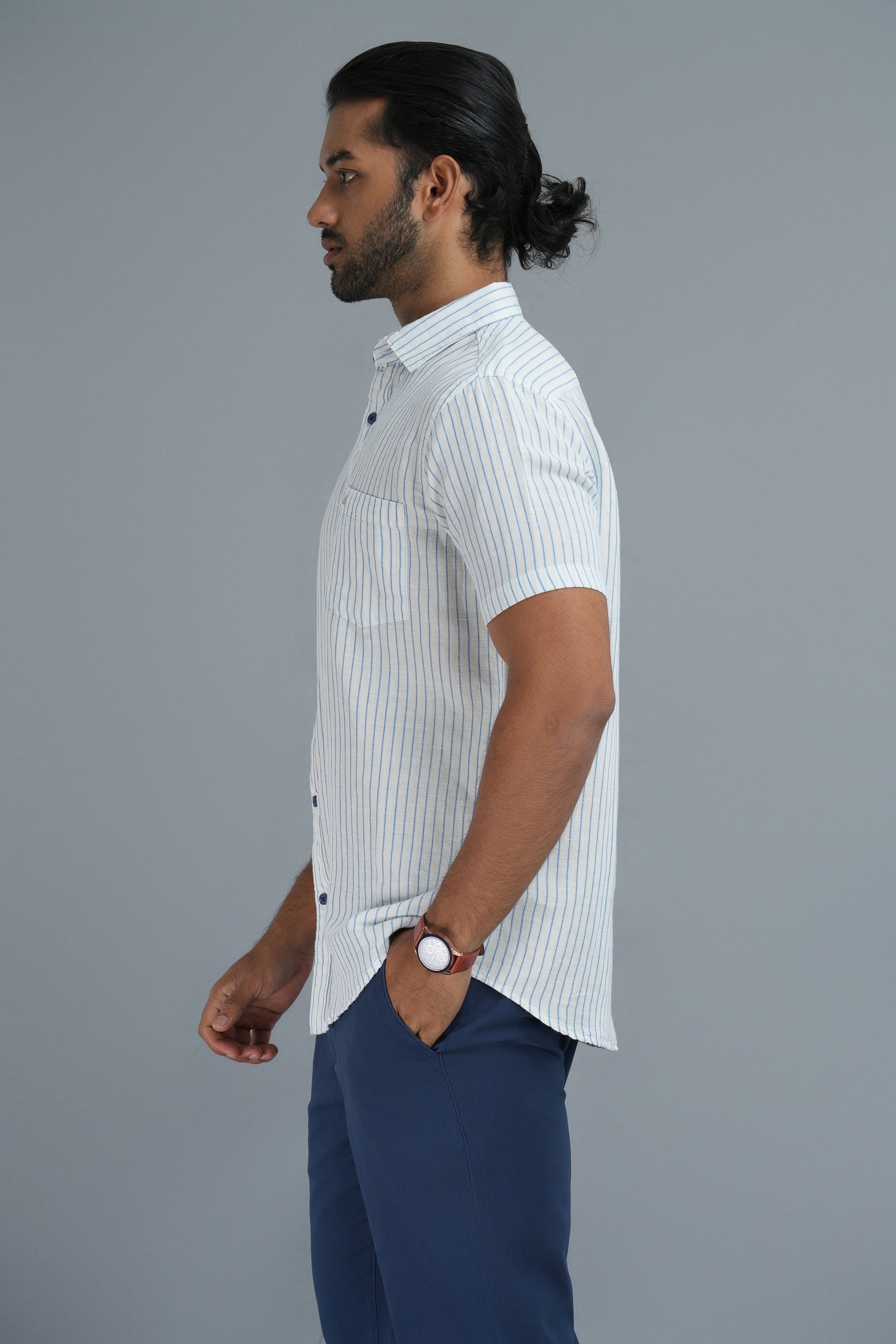 Linen Cotton Stripes Shirt - Light Blue