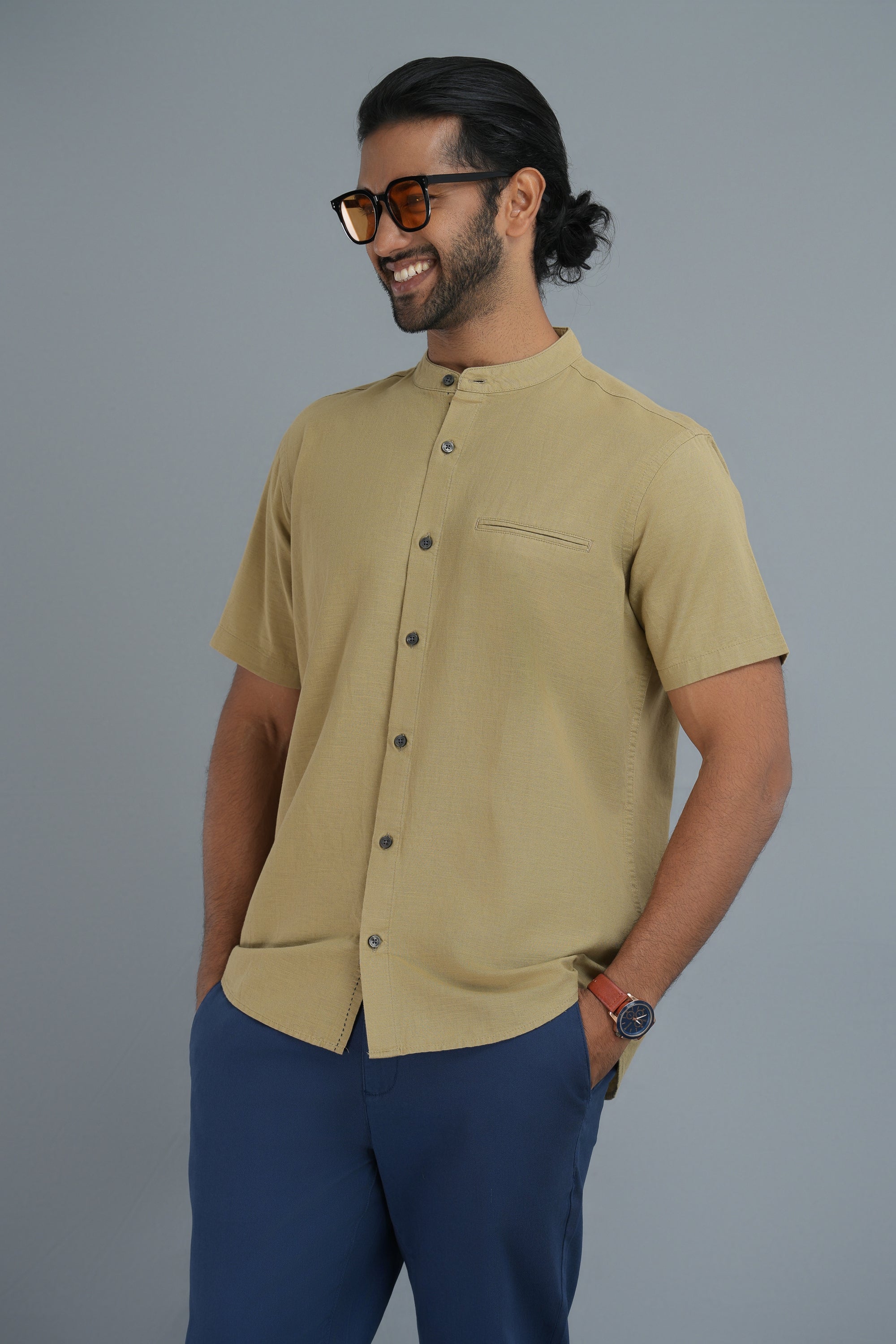 Classic Linen Cotton Mandarin Collar Shirt - Khaki