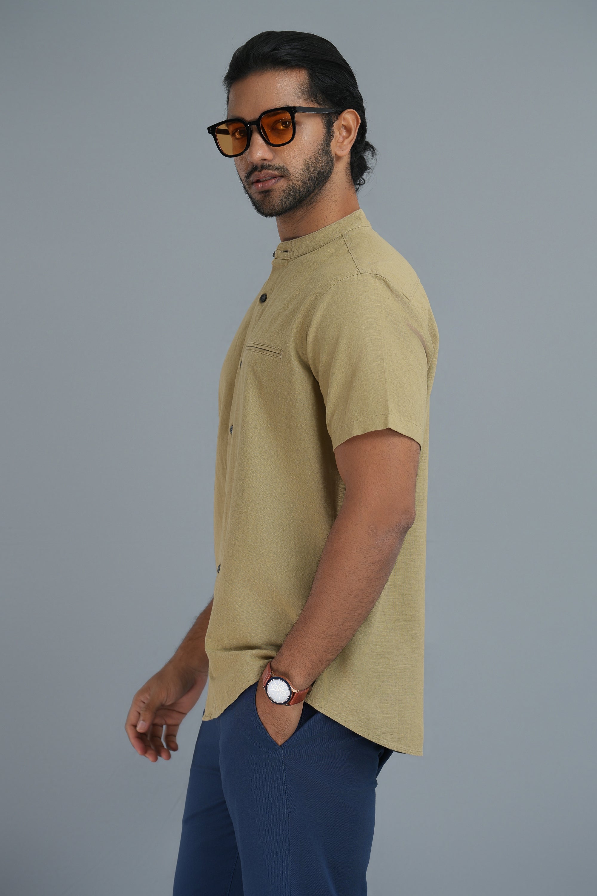 Classic Linen Cotton Mandarin Collar Shirt - Khaki