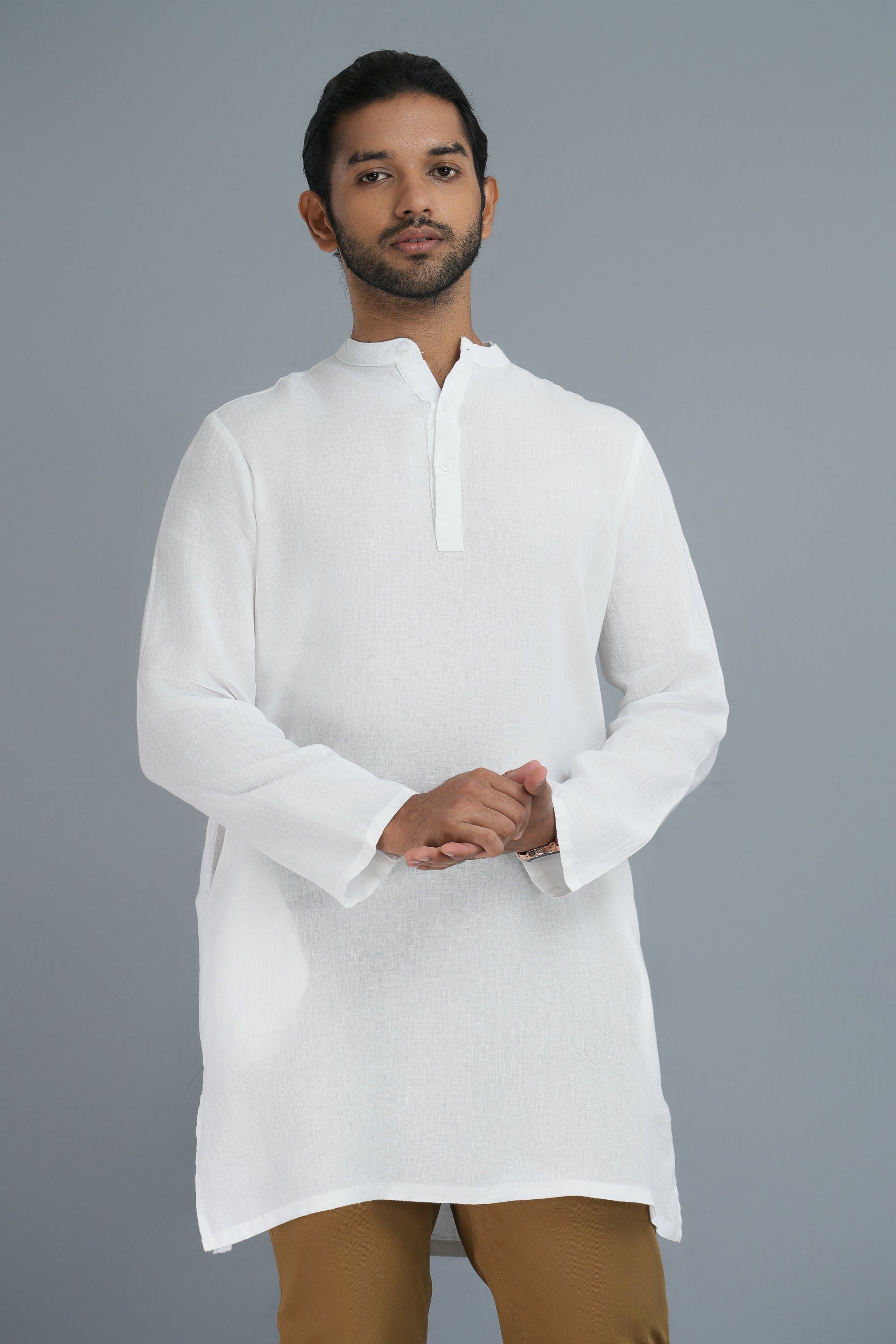 Premium Linen-Hemp Kurtha - White