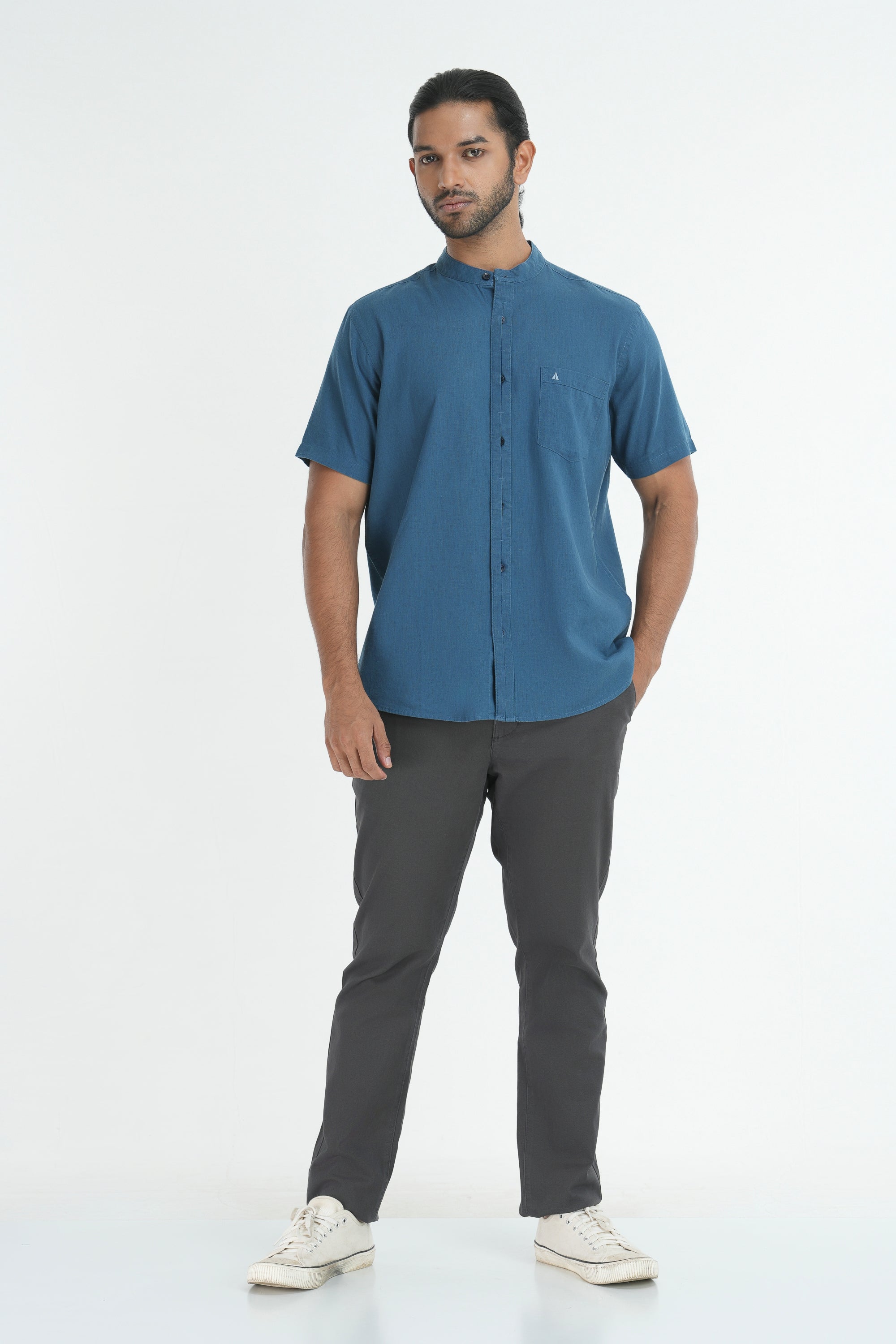 Classic Linen Cotton Mandarin Collar Shirt - Blue