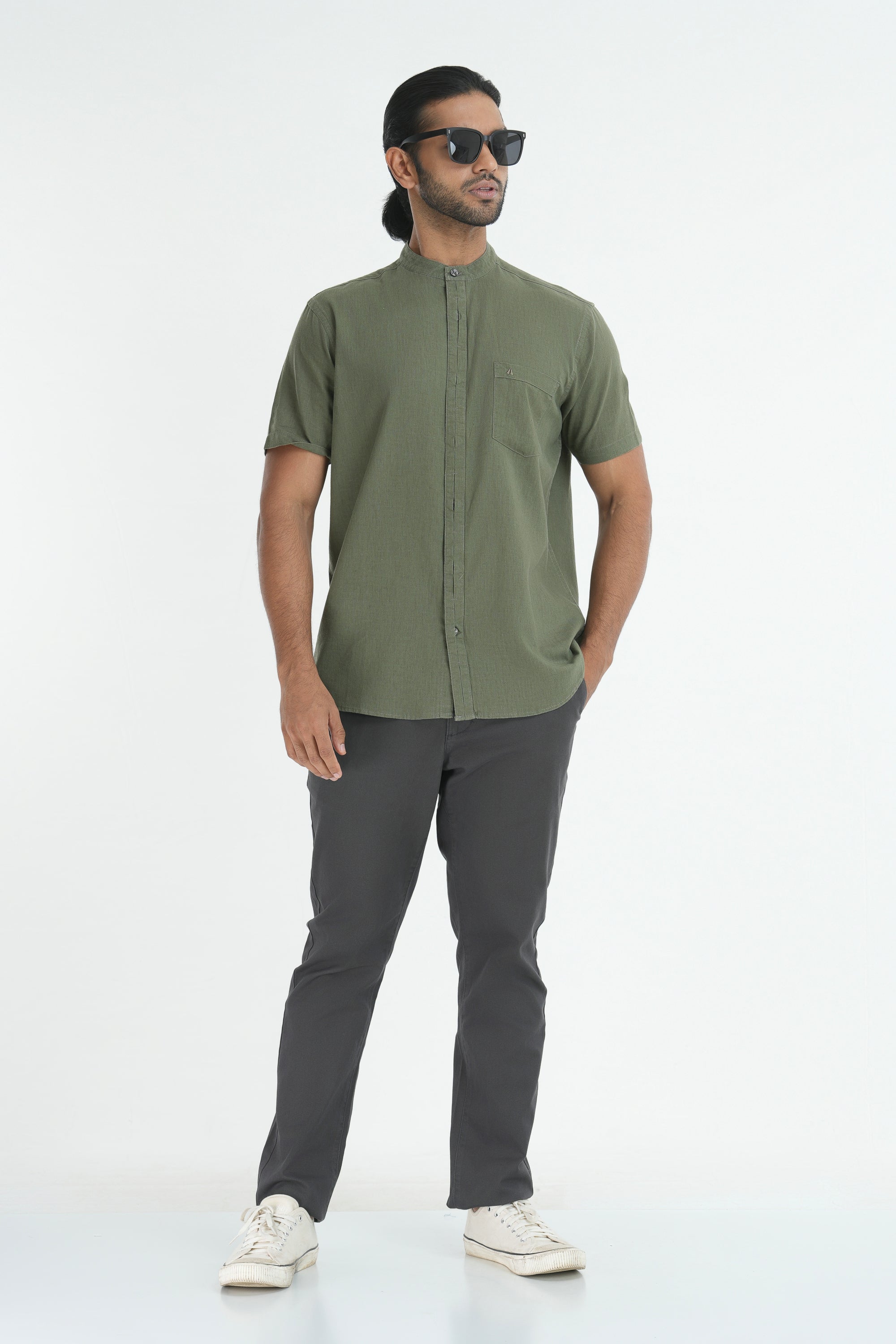 Classic Linen Cotton Mandarin Collar Shirt - Olive