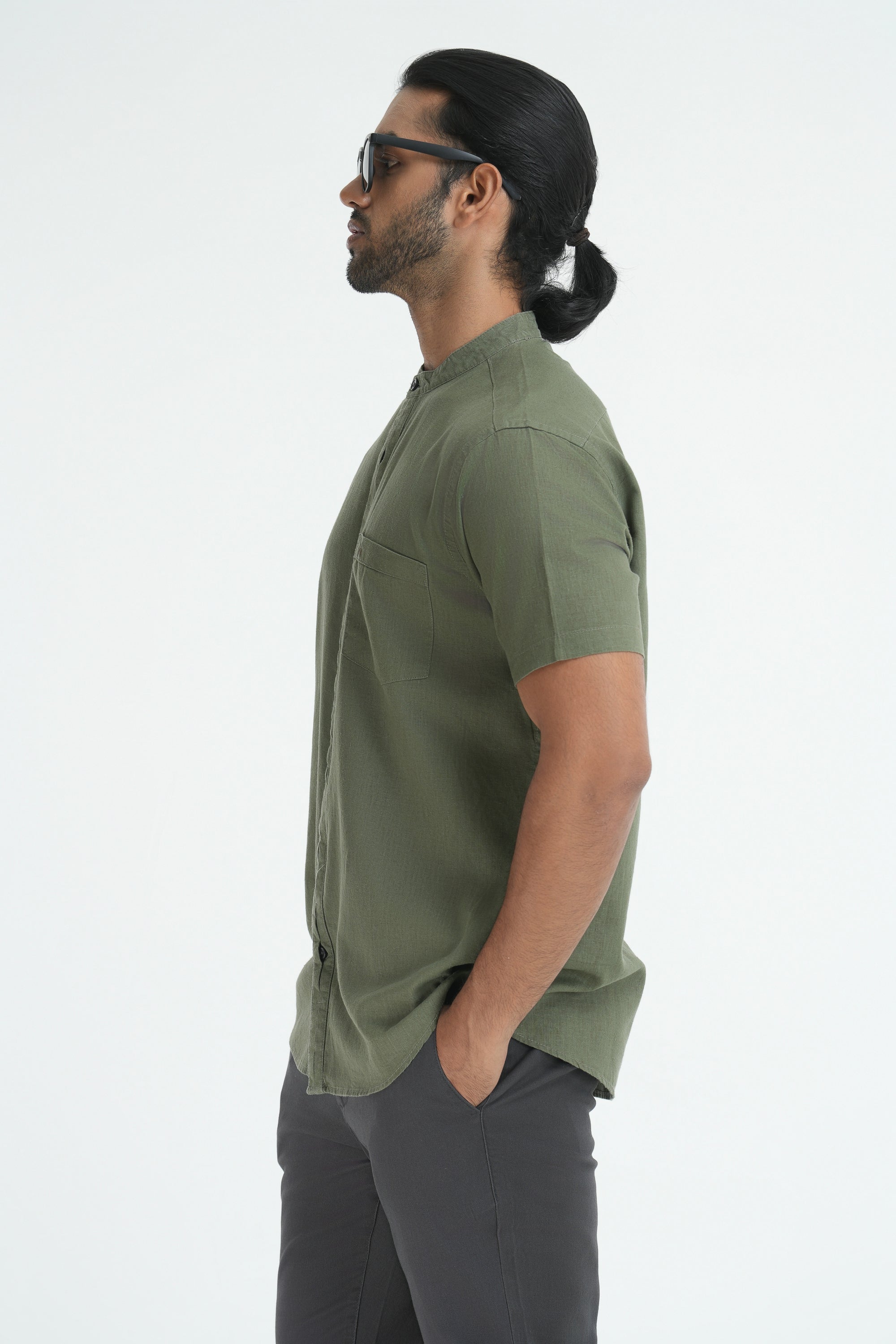 Classic Linen Cotton Mandarin Collar Shirt - Olive