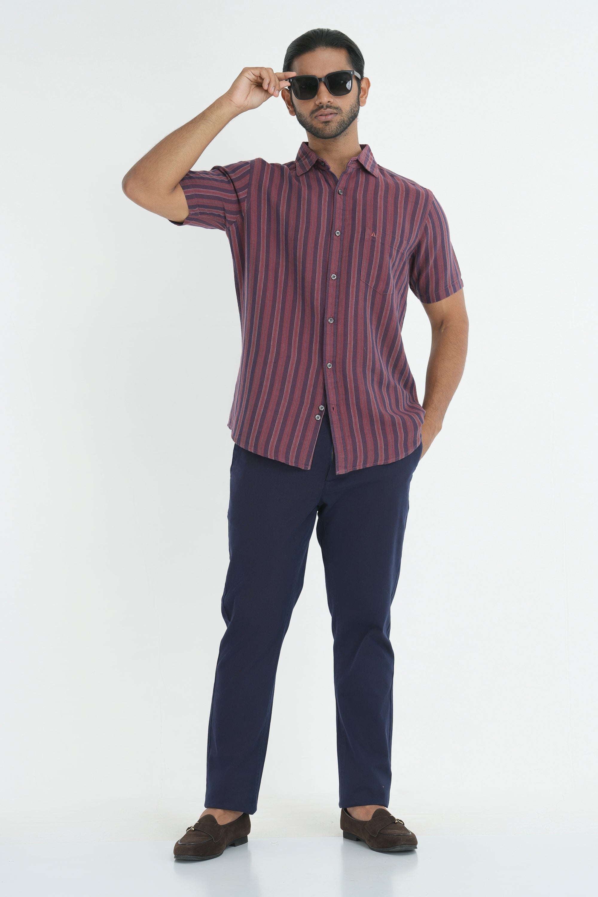 Linen Cotton Stripes Shirt - Maroon