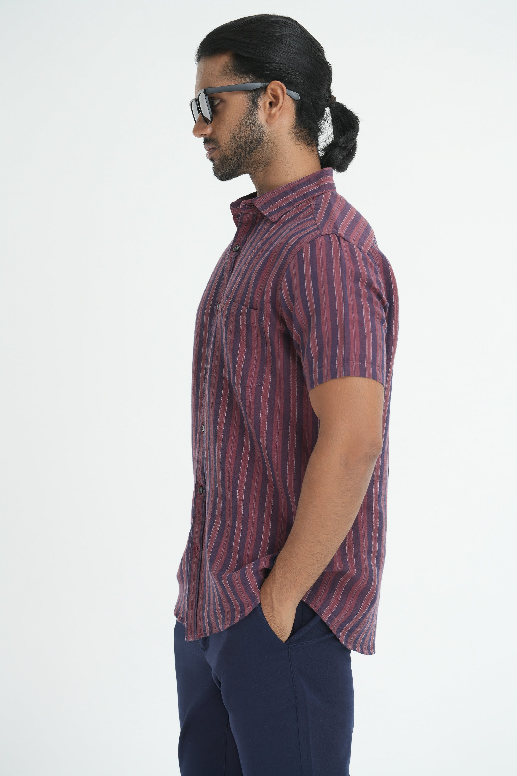 Linen Cotton Stripes Shirt - Maroon