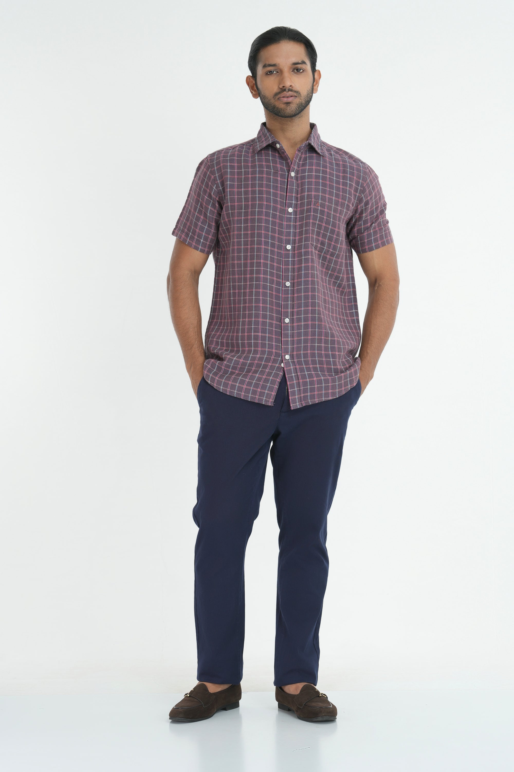 Linen Cotton Checks Shirt - Purple