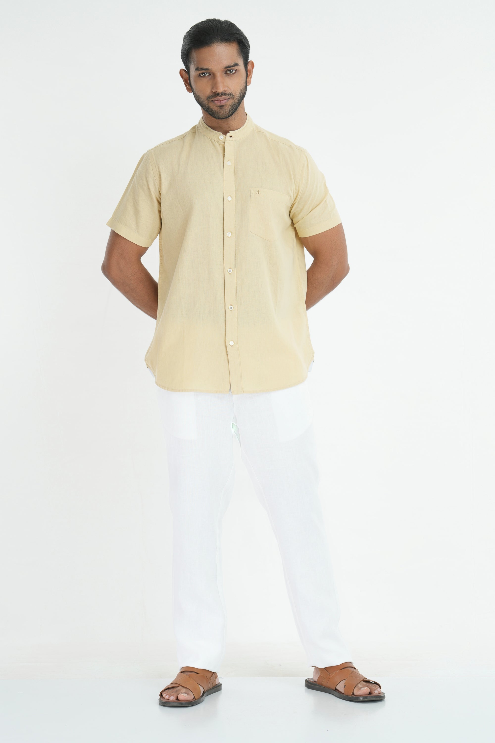 Linen Cotton Chinese Collar Shirt - Cream