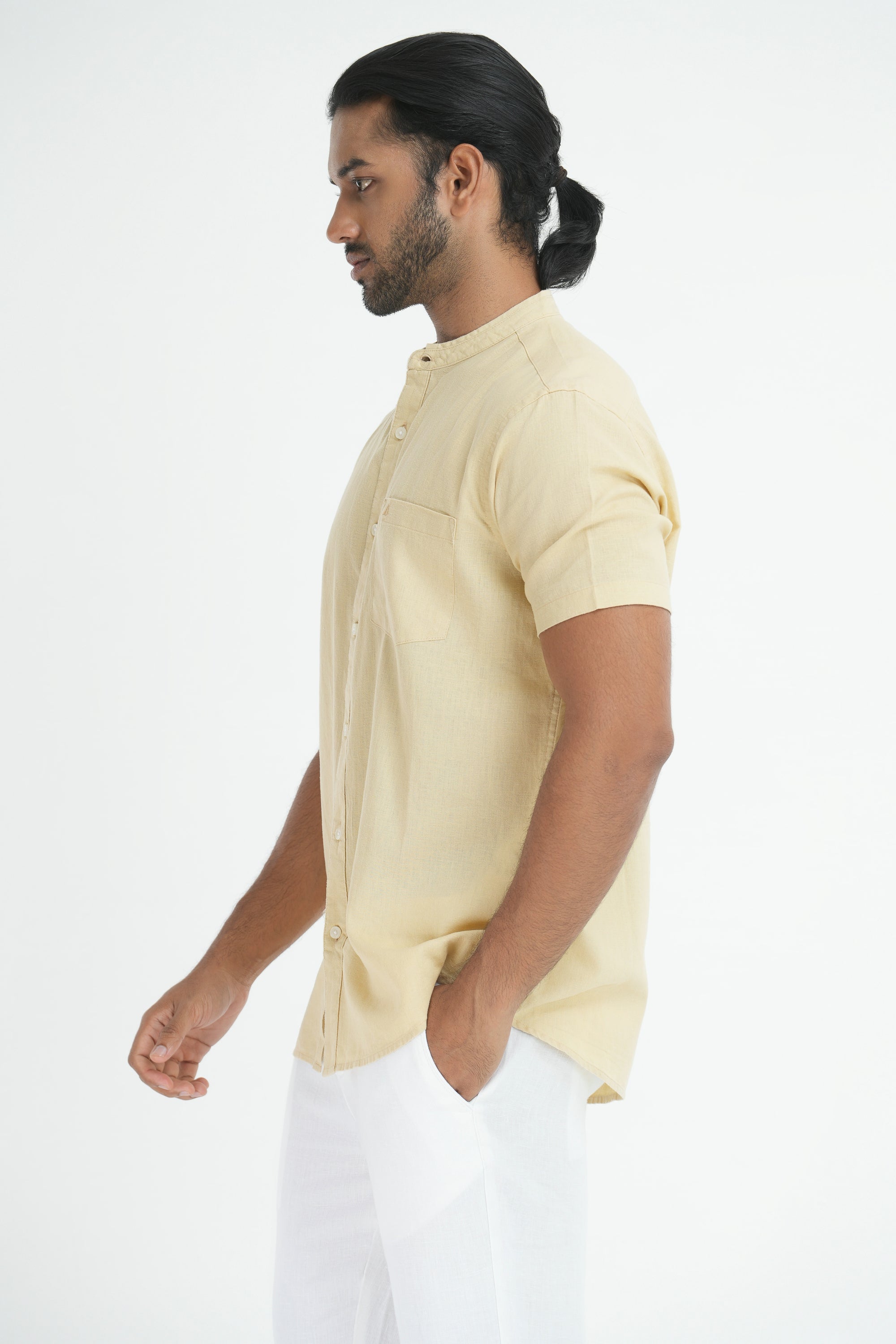 Linen Cotton Chinese Collar Shirt - Cream