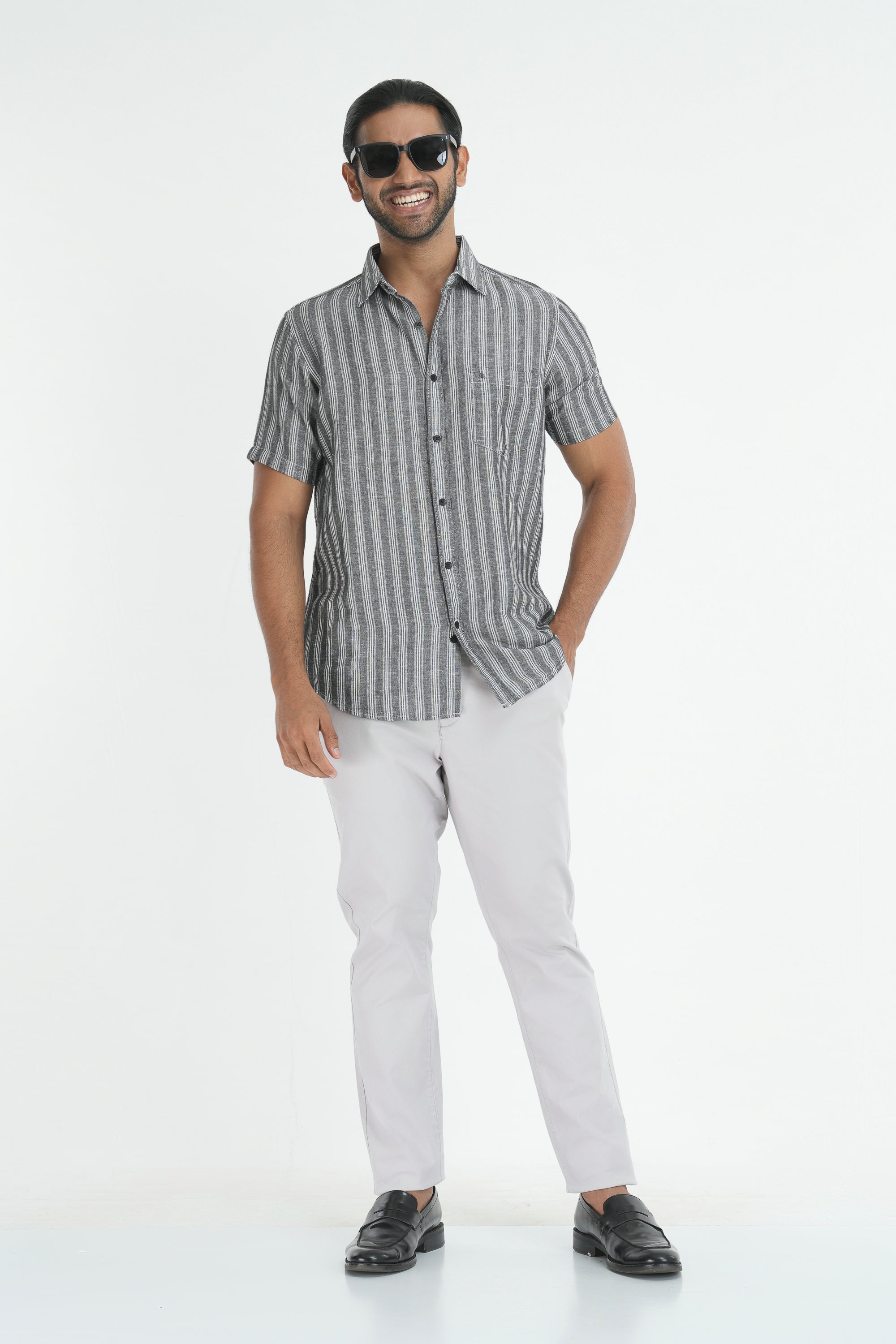 Linen Cotton Stripes Shirt - Dark Brown