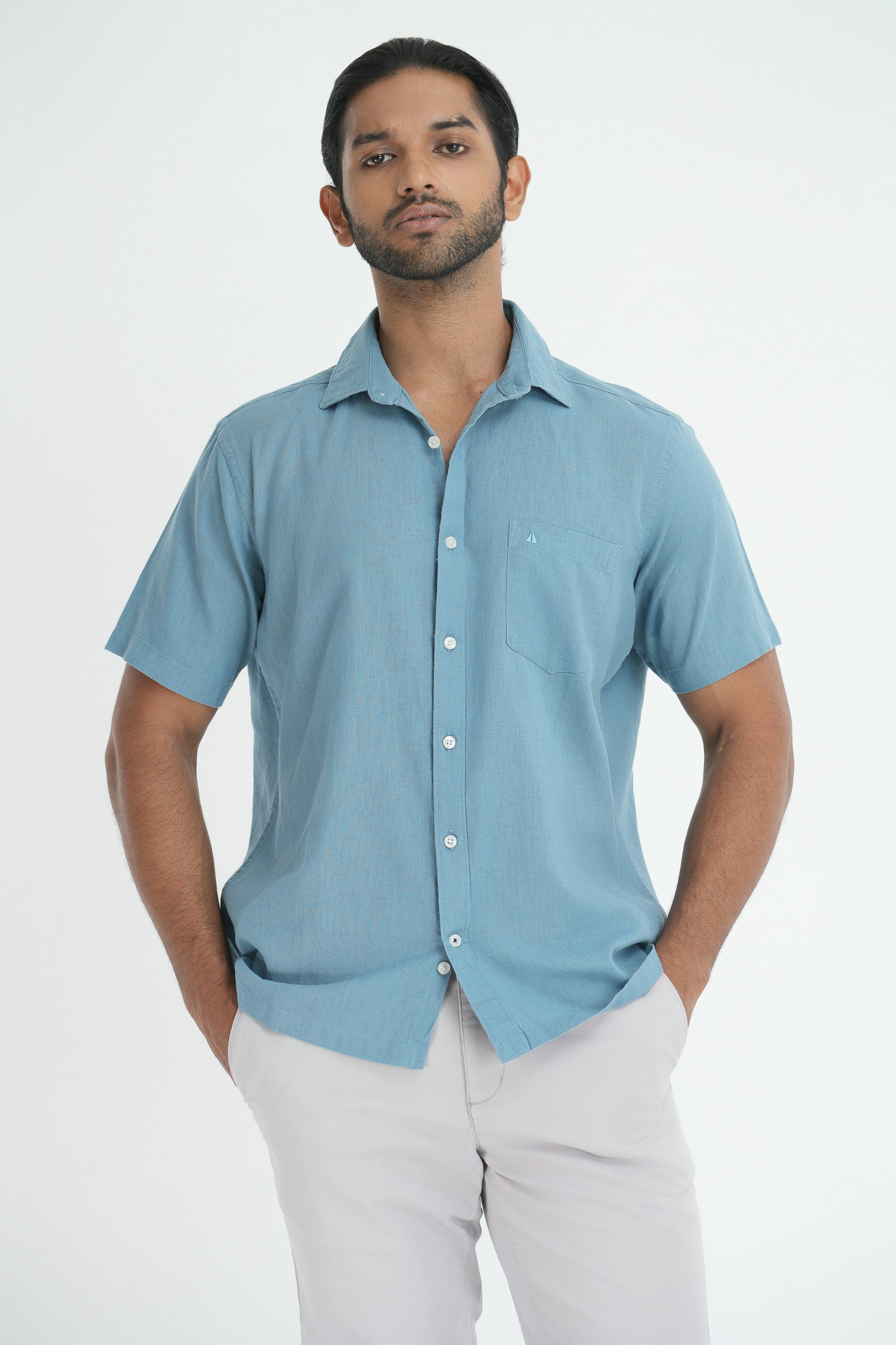 Linen Cotton Straight Cut Shirt - Sky blue