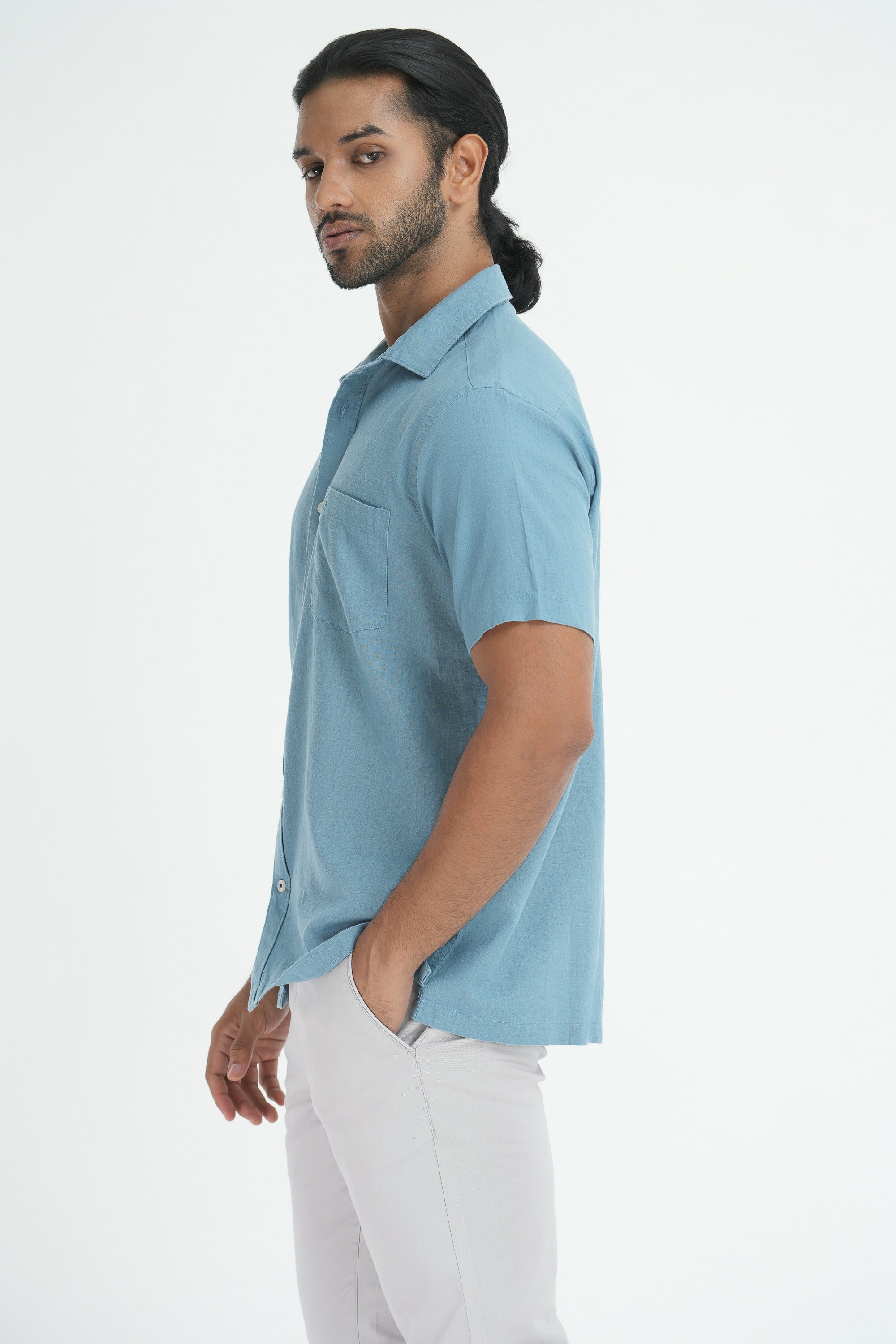 Linen Cotton Straight Cut Shirt - Sky blue