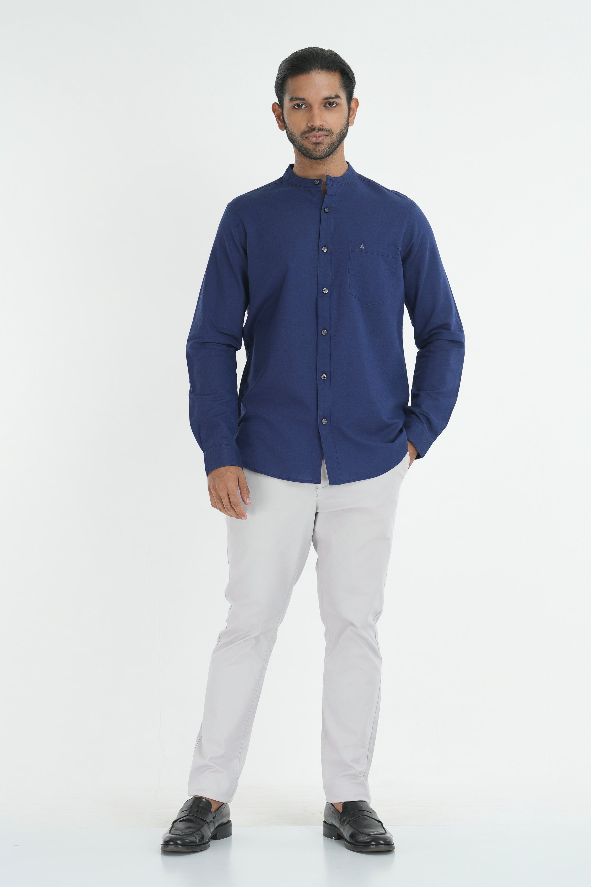 Linen Cotton Full Sleeve Chinese collar - Navy