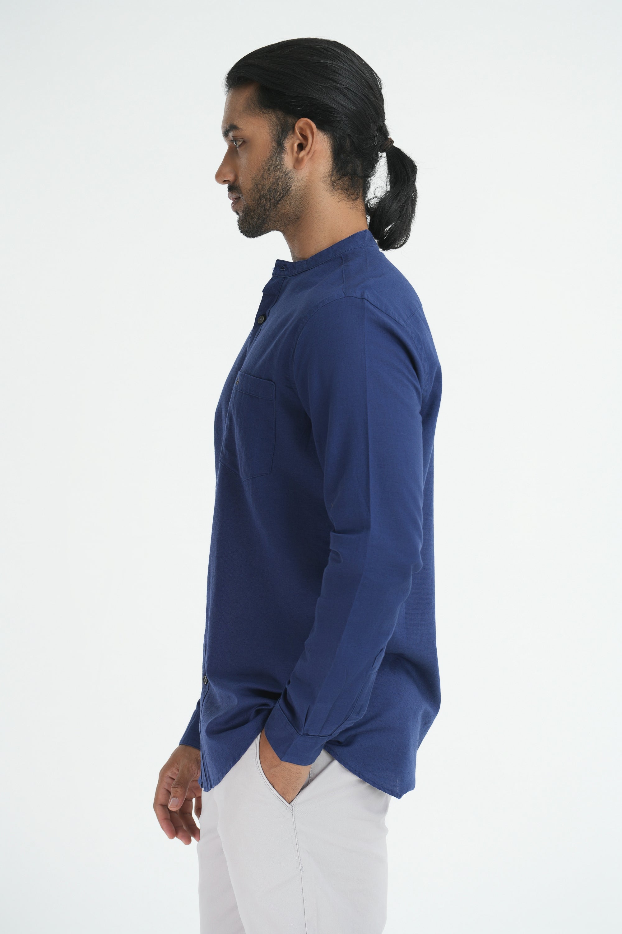 Linen Cotton Full Sleeve Chinese collar - Navy