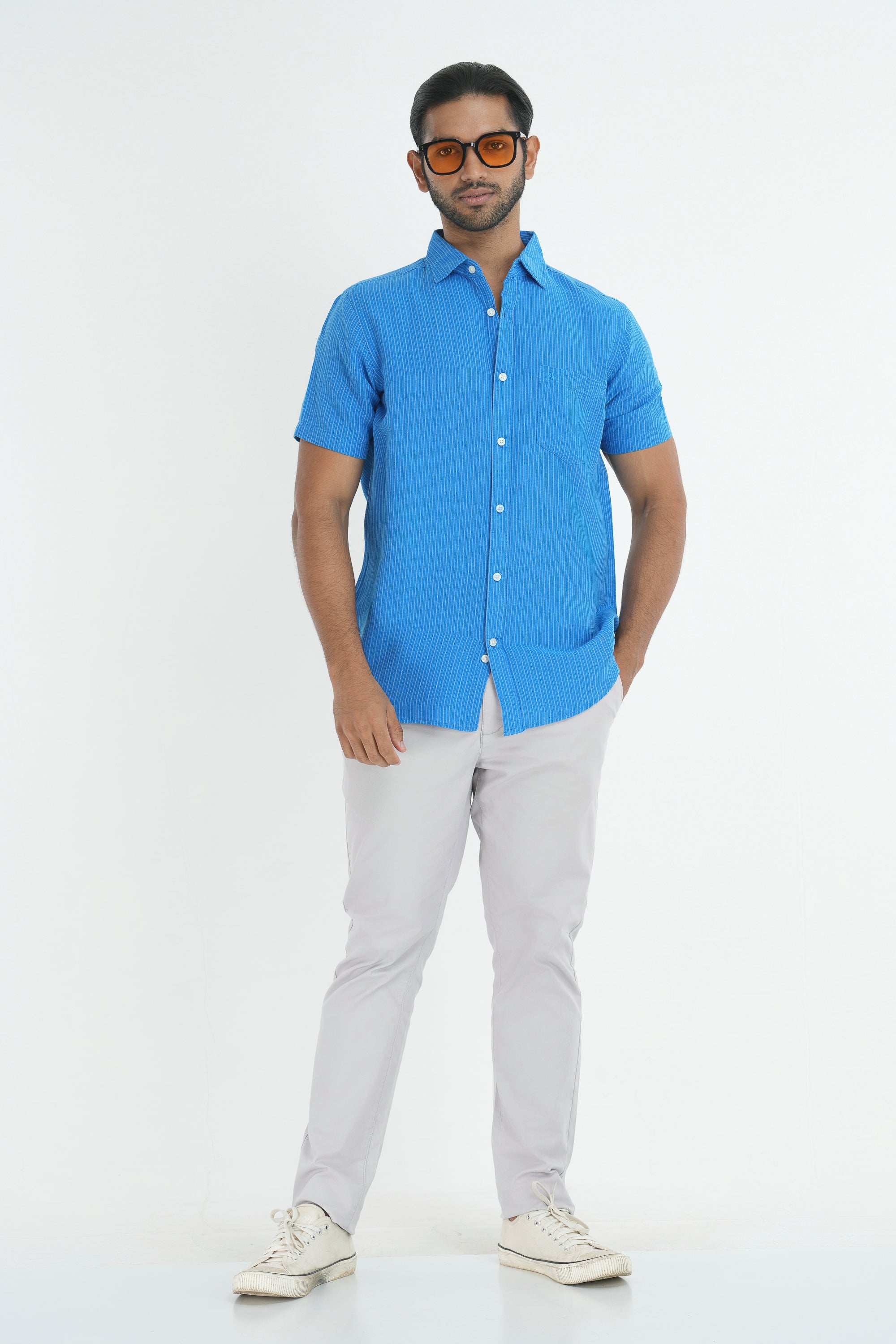 Linen Cotton Stripes Shirt - Royal Blue