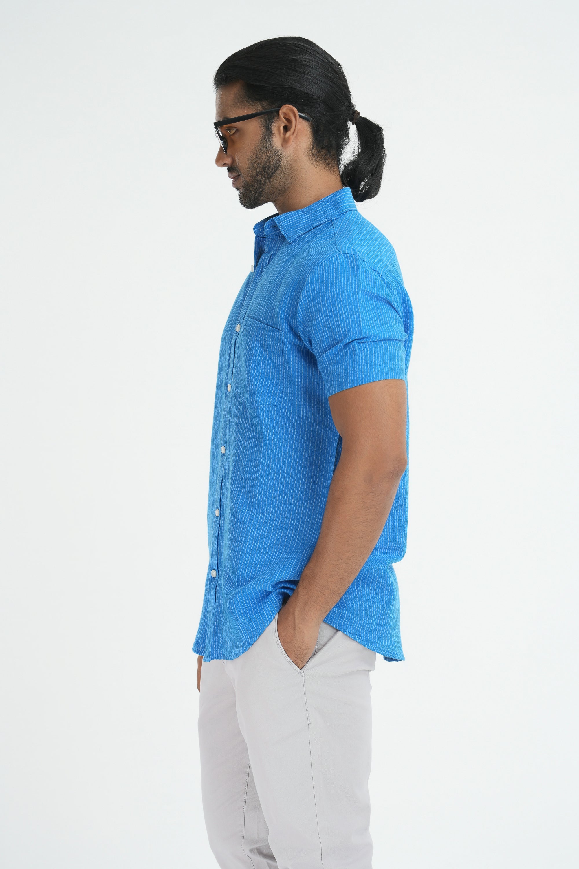 Linen Cotton Stripes Shirt - Royal Blue