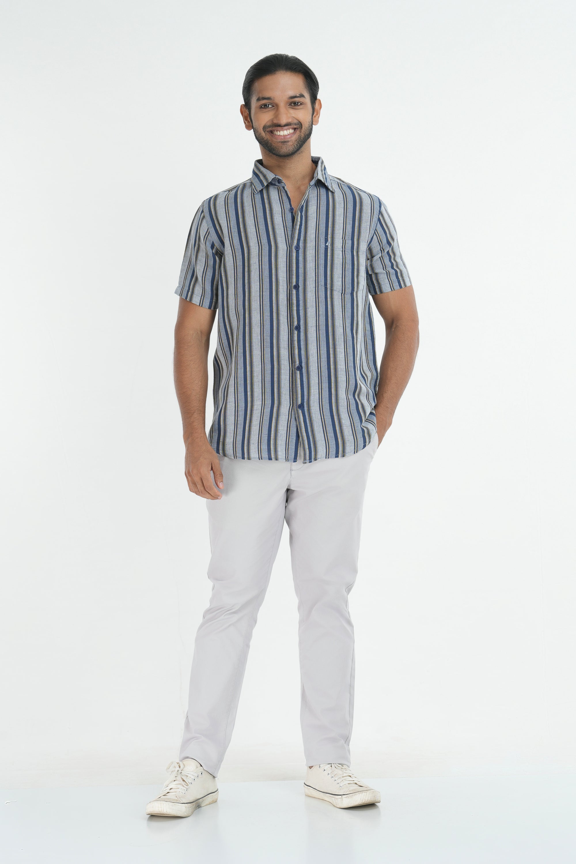 Linen Cotton Stripes Shirt - Blue