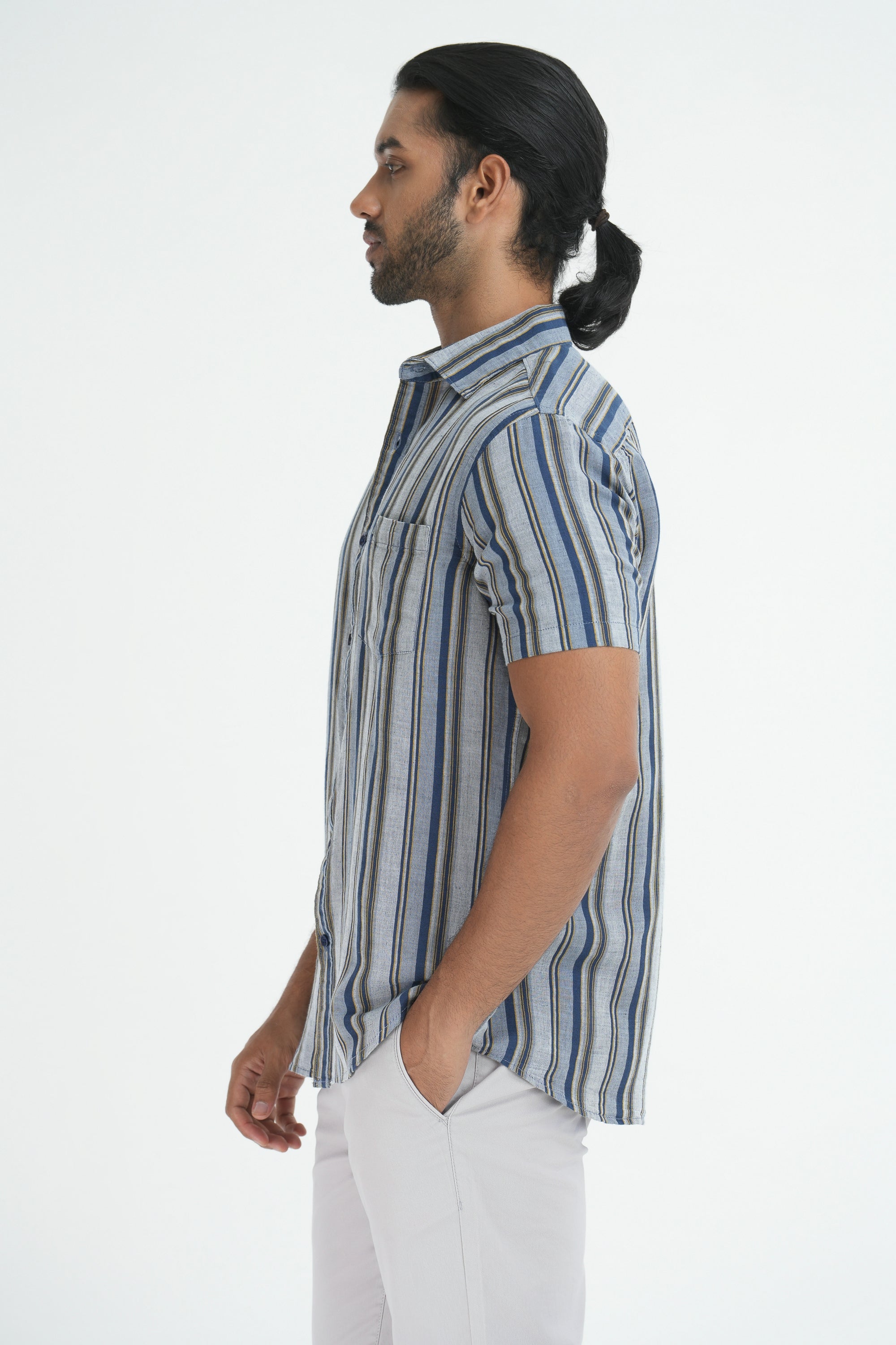 Linen Cotton Stripes Shirt - Blue