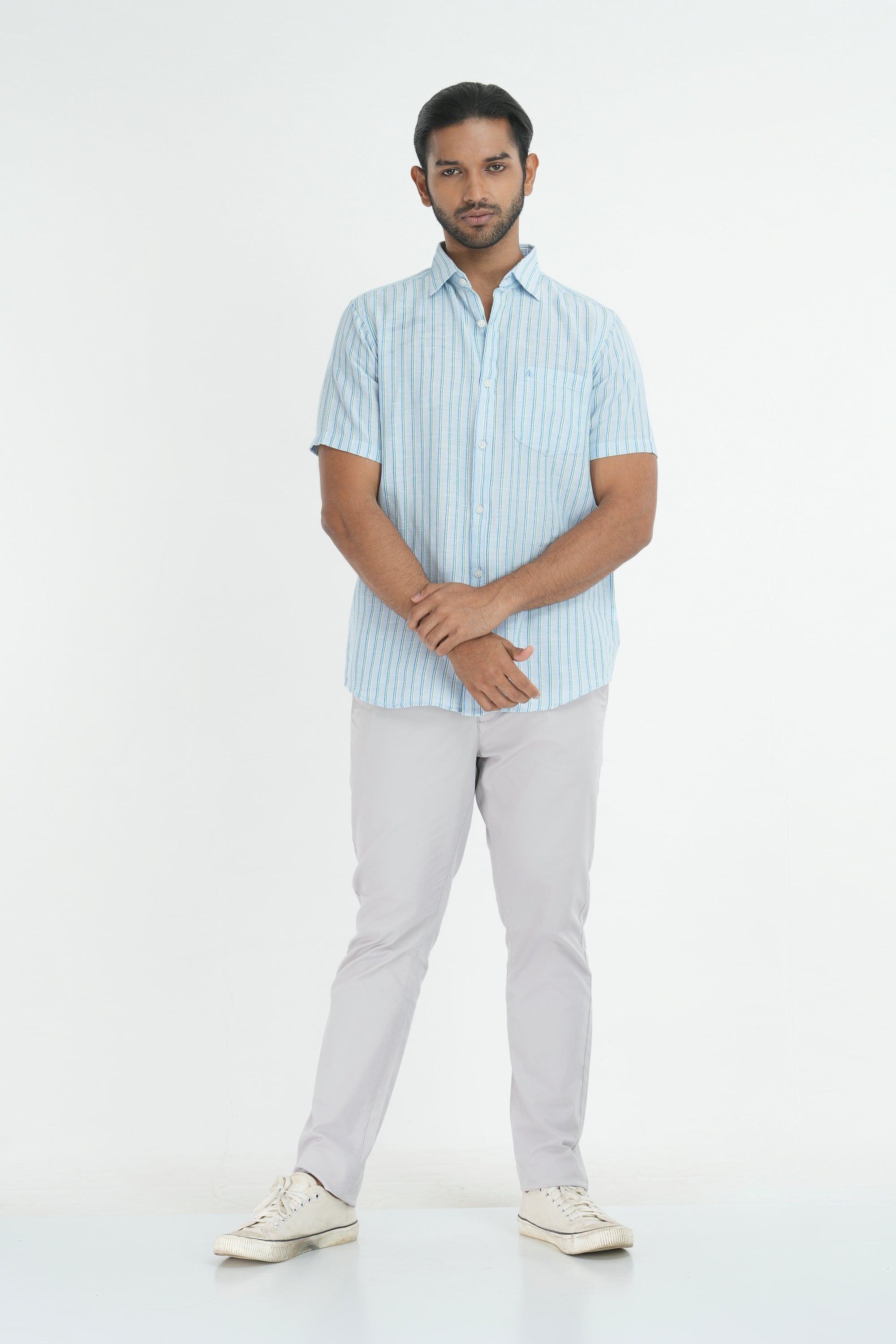 Linen Cotton Stripes Shirt - Light Blue