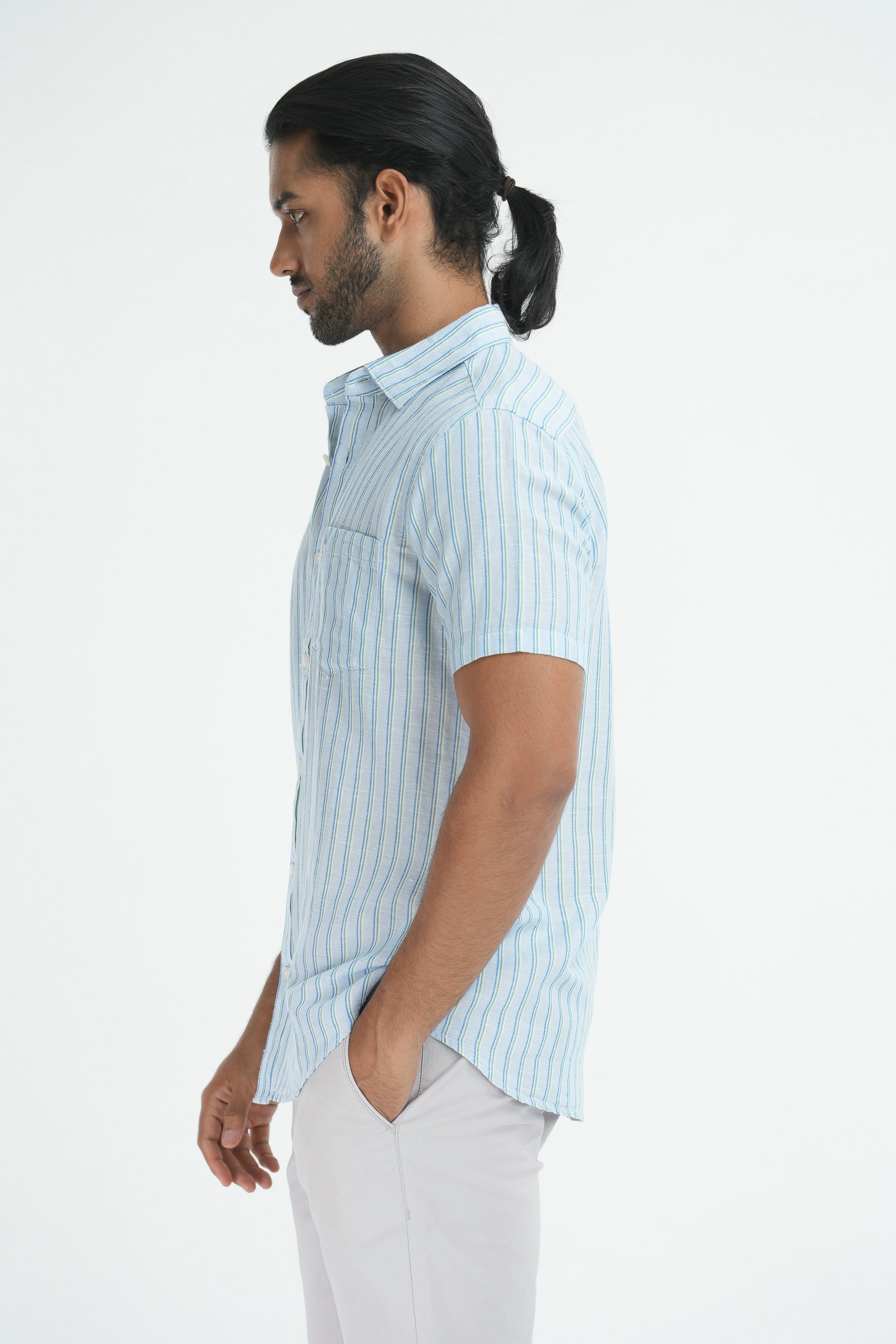 Linen Cotton Stripes Shirt - Light Blue