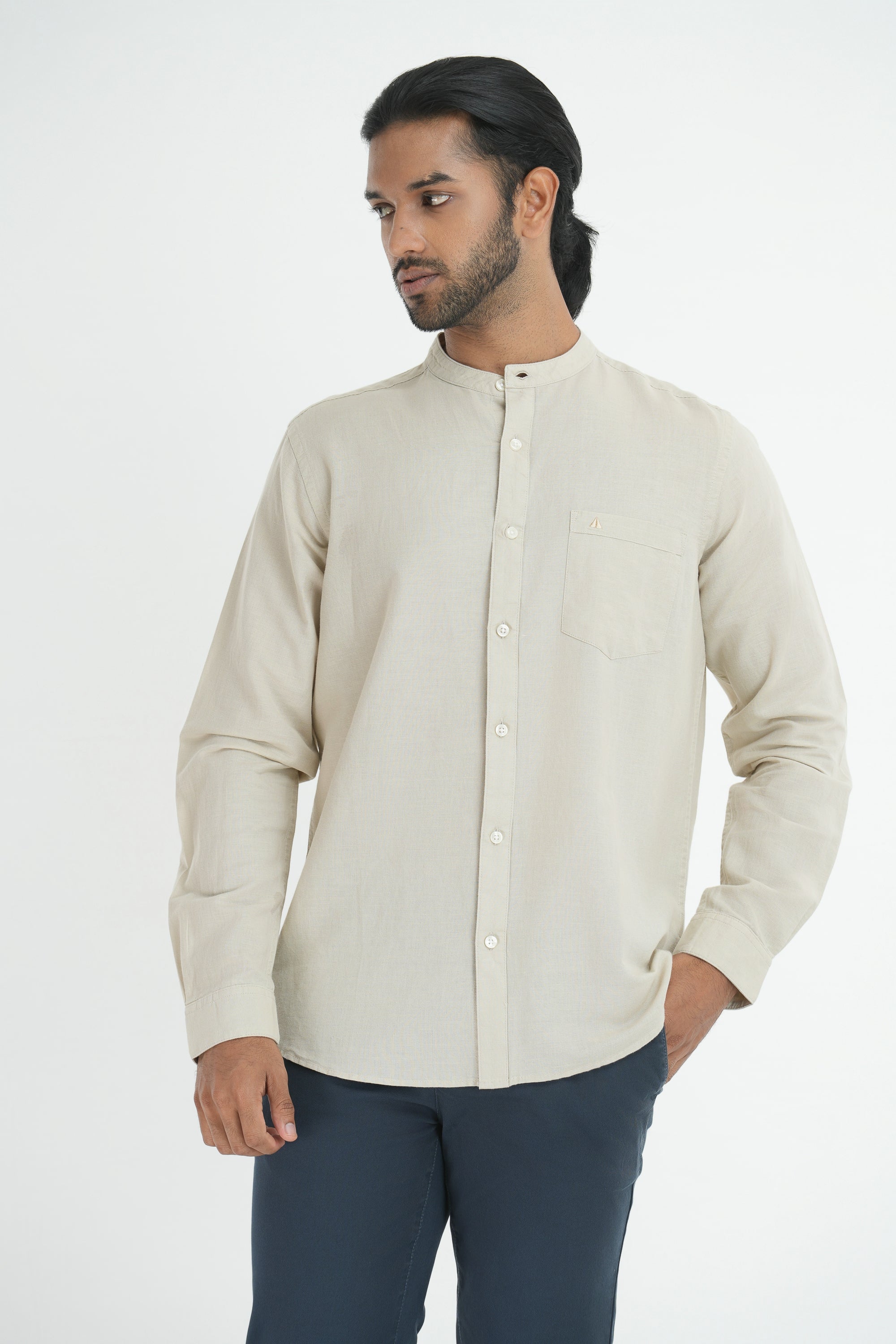 Linen Cotton Full Sleeve Chinese collar - Cream