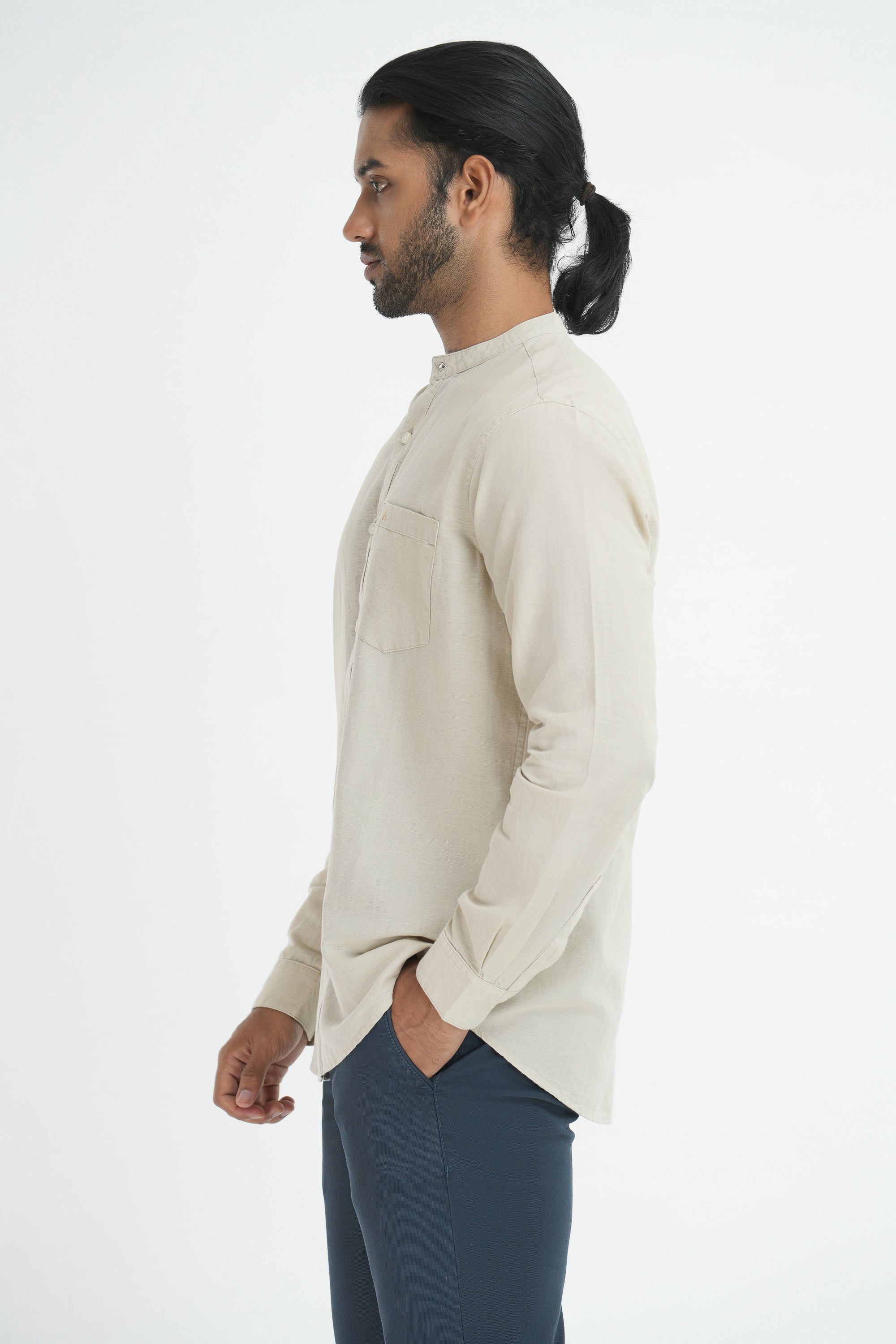 Linen Cotton Full Sleeve Chinese collar - Cream