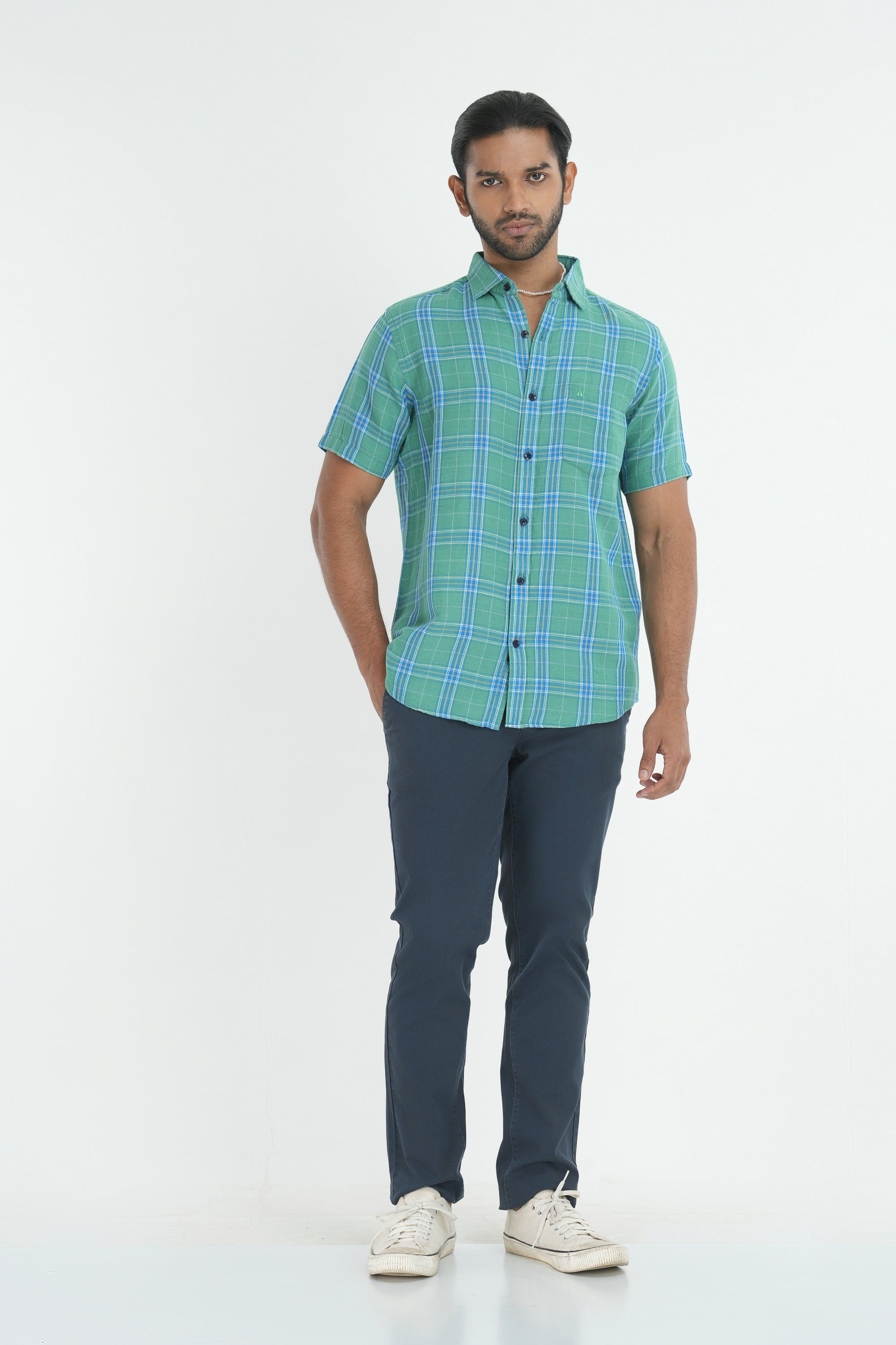 Linen Cotton Checks Shirt - Green